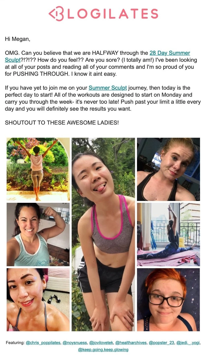Blogilates fitness newsletter email example women group