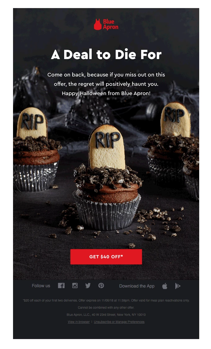 Blue apron halloween promotion email with photo of graveyard cupcakes