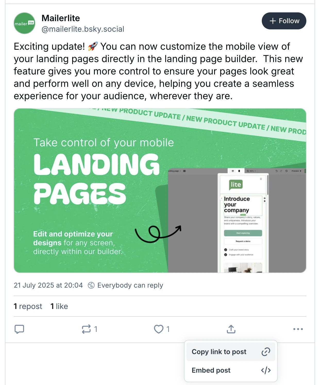 A post from MailerLite's Bluesky page