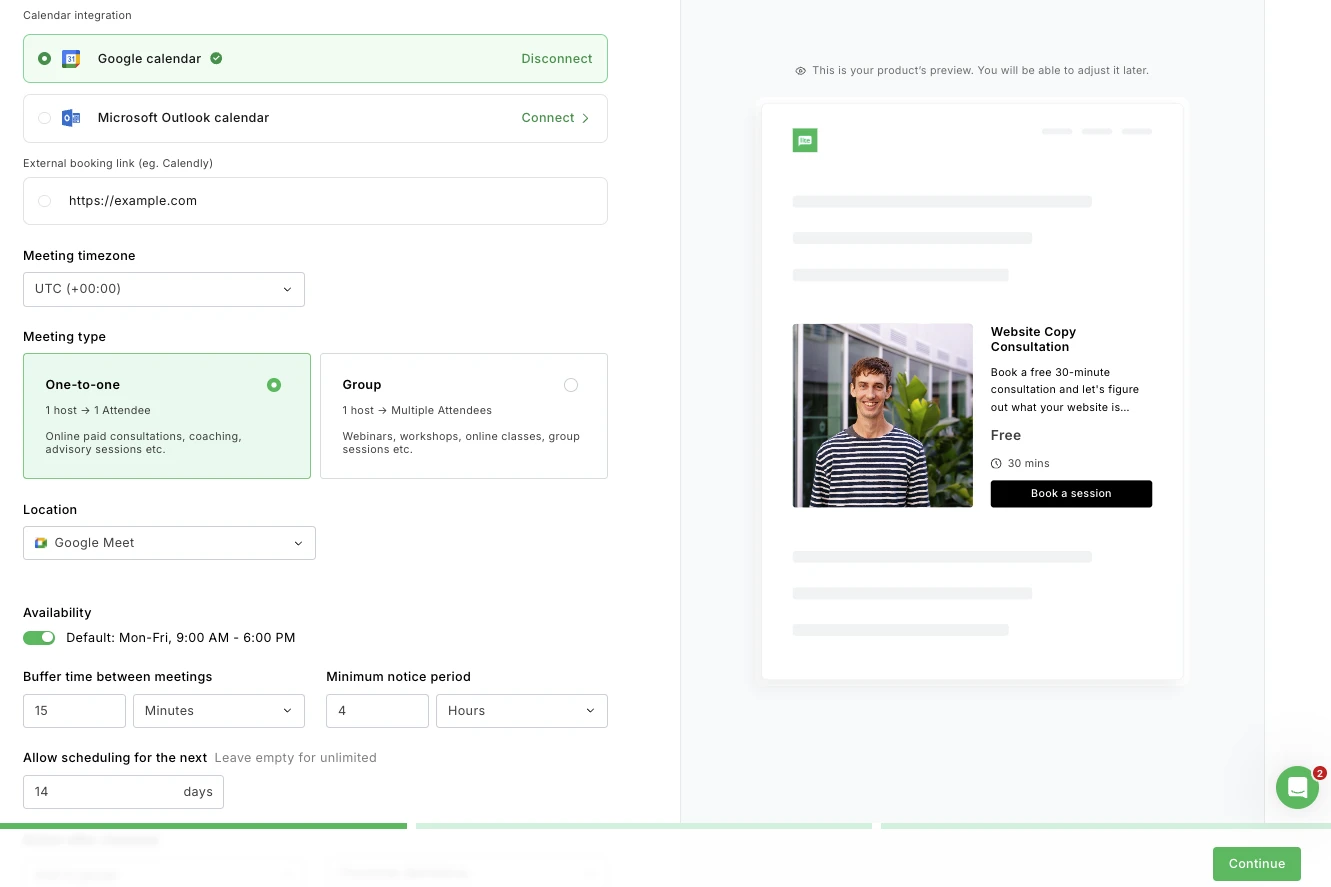 Screenshot of booking availability settings in MailerLite