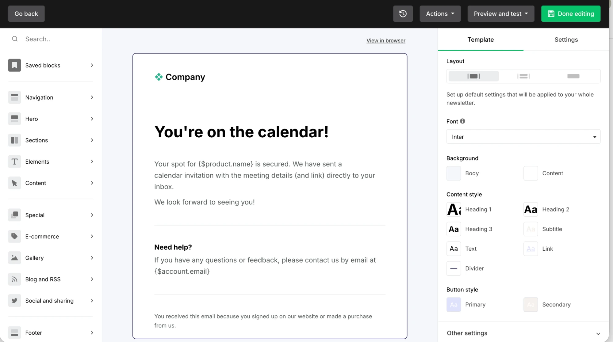 Screenshot of the bookings order confirmation email in MailerLite