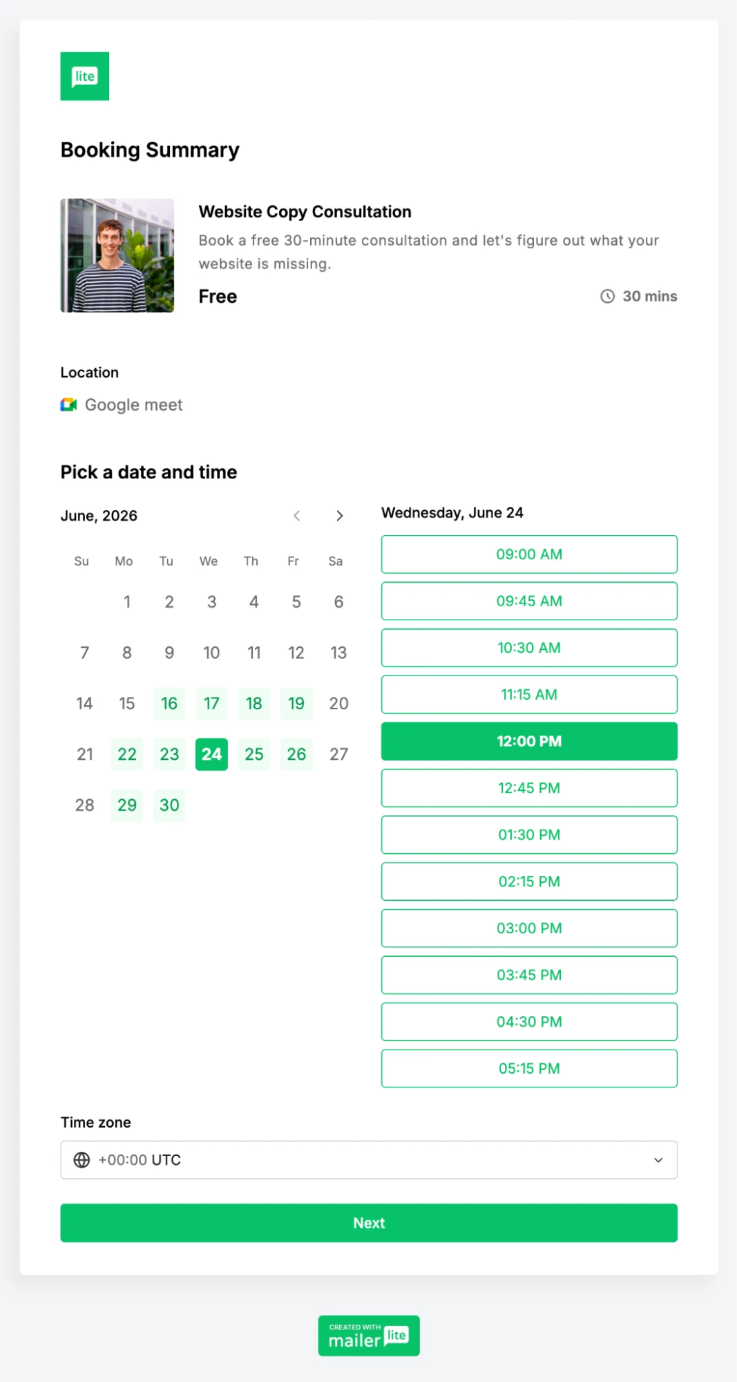 Screenshot of a booking page built with MailerLite