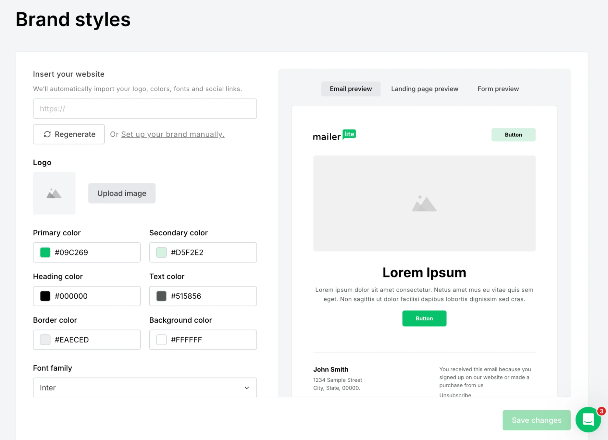 Screenshot of the MailerLite brand colors settings
