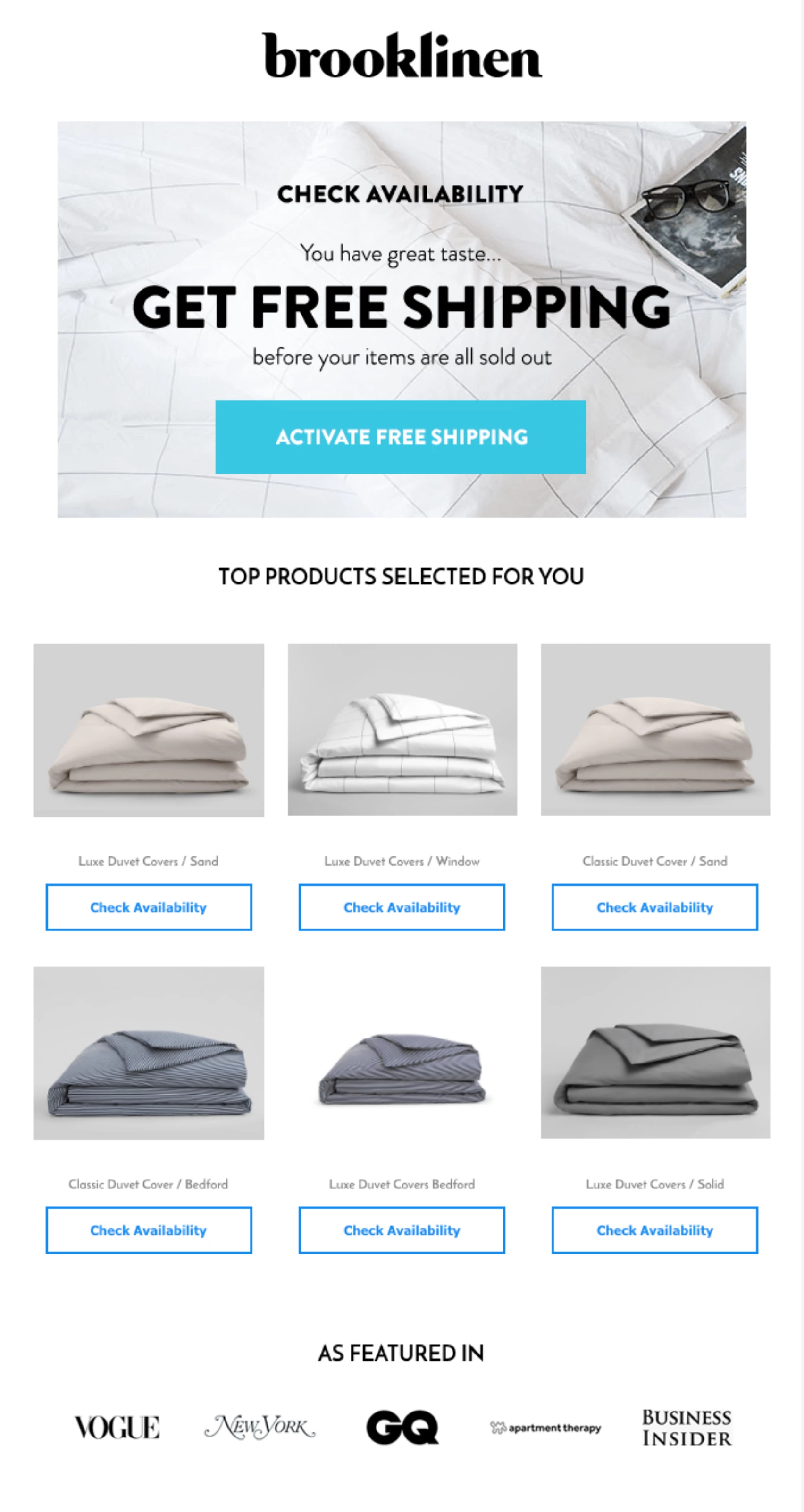 Abandoned cart email example from Brooklinen