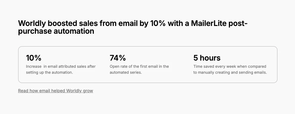 Screenshot of a case study block built with the MailerLite landing page builder