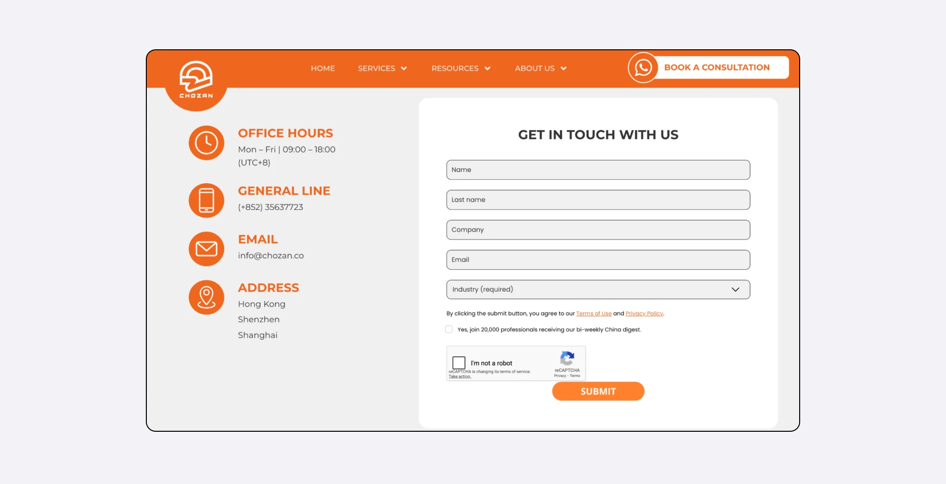 A contact form on the ChoZan website