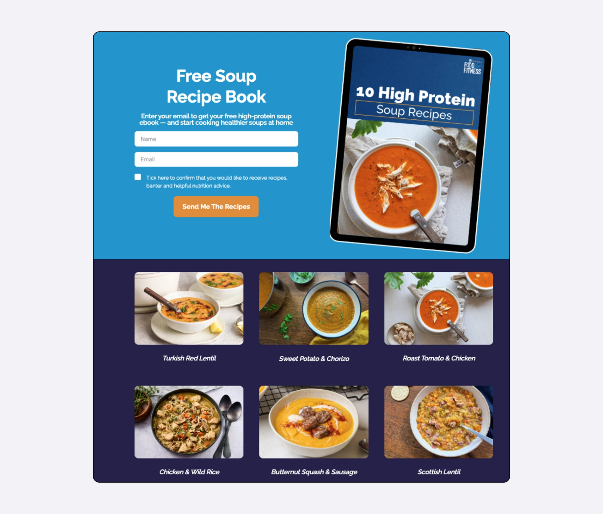 A Food For Fitness landing page created on MailerLite