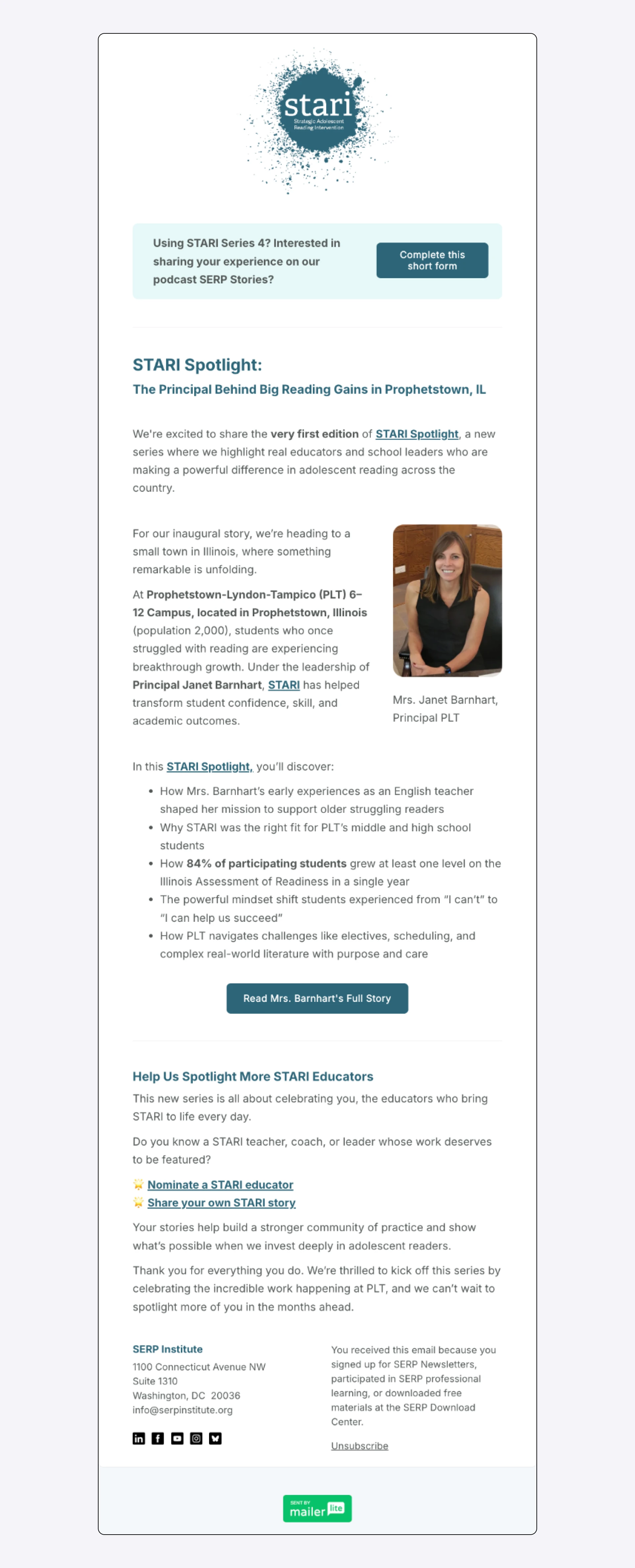 A SERP Institute email created on MailerLite