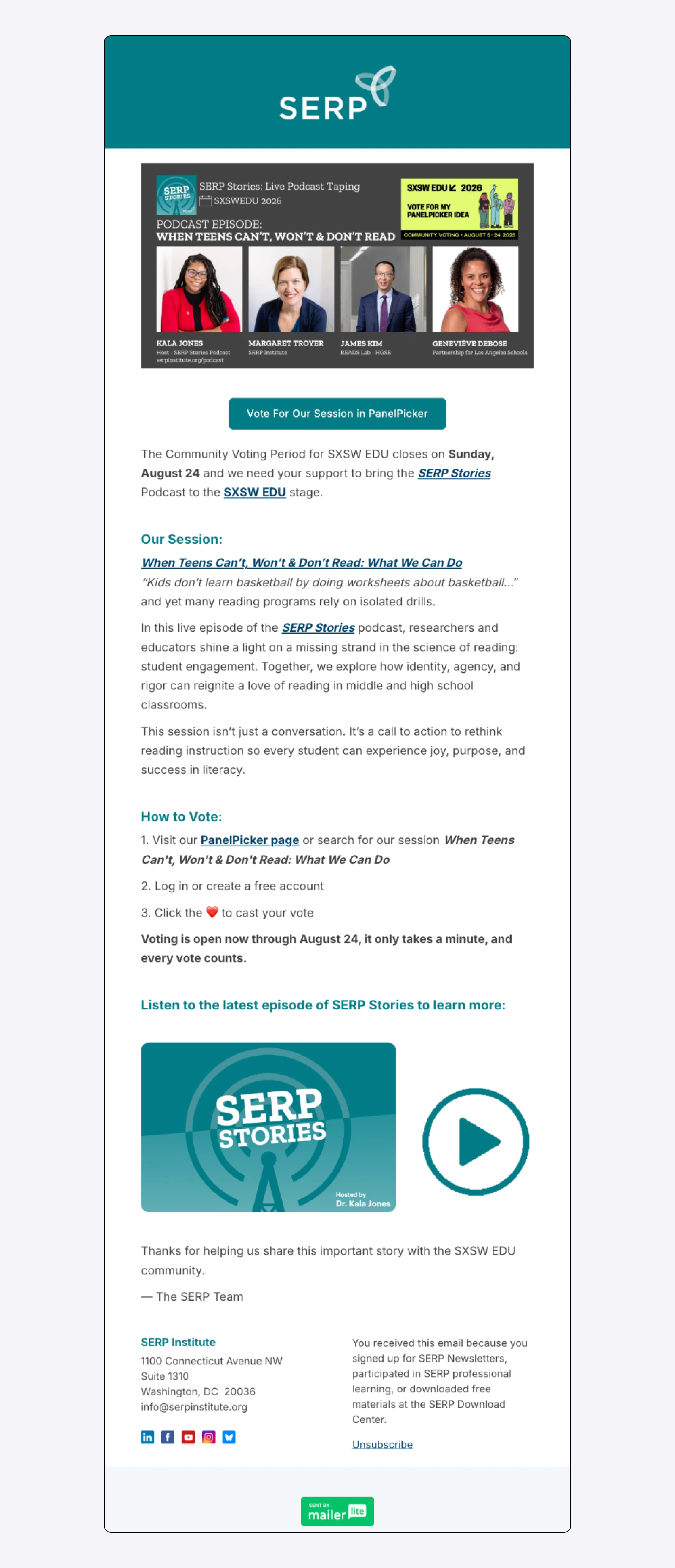 A SERP Institute email created on MailerLite