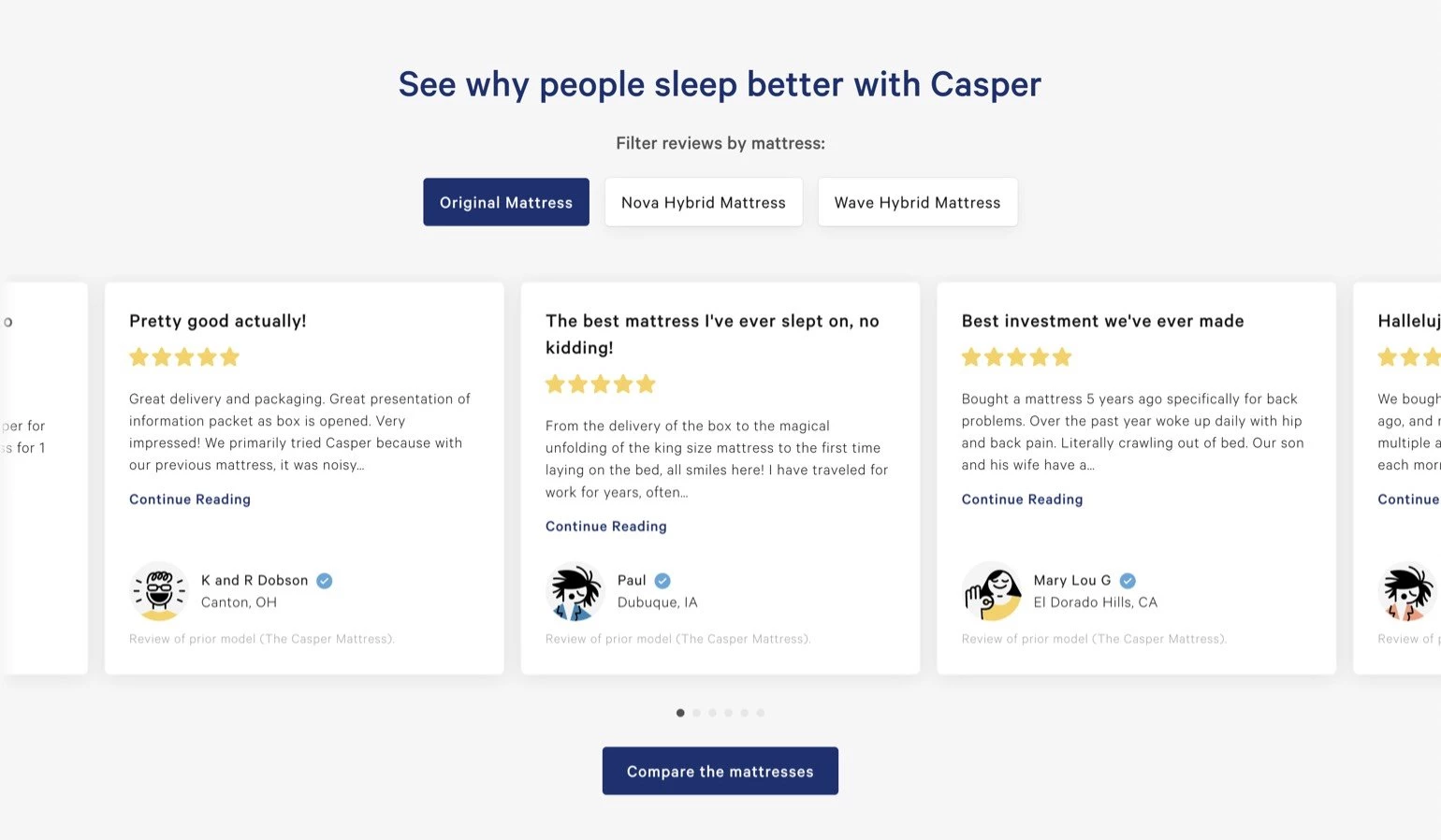 customer reviews social proof example landing page casper