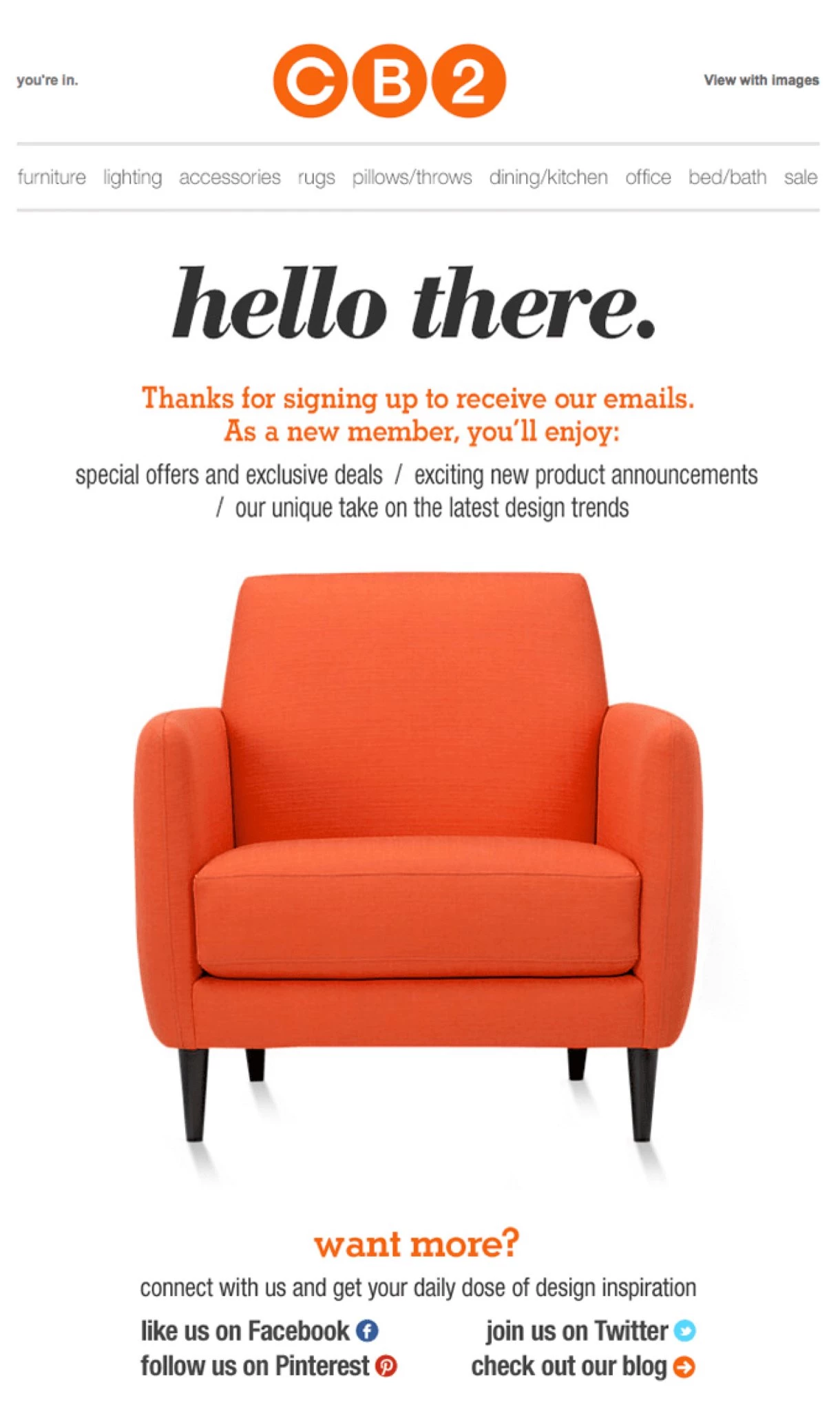 CB2 furniture welcome email example orange chair on white background