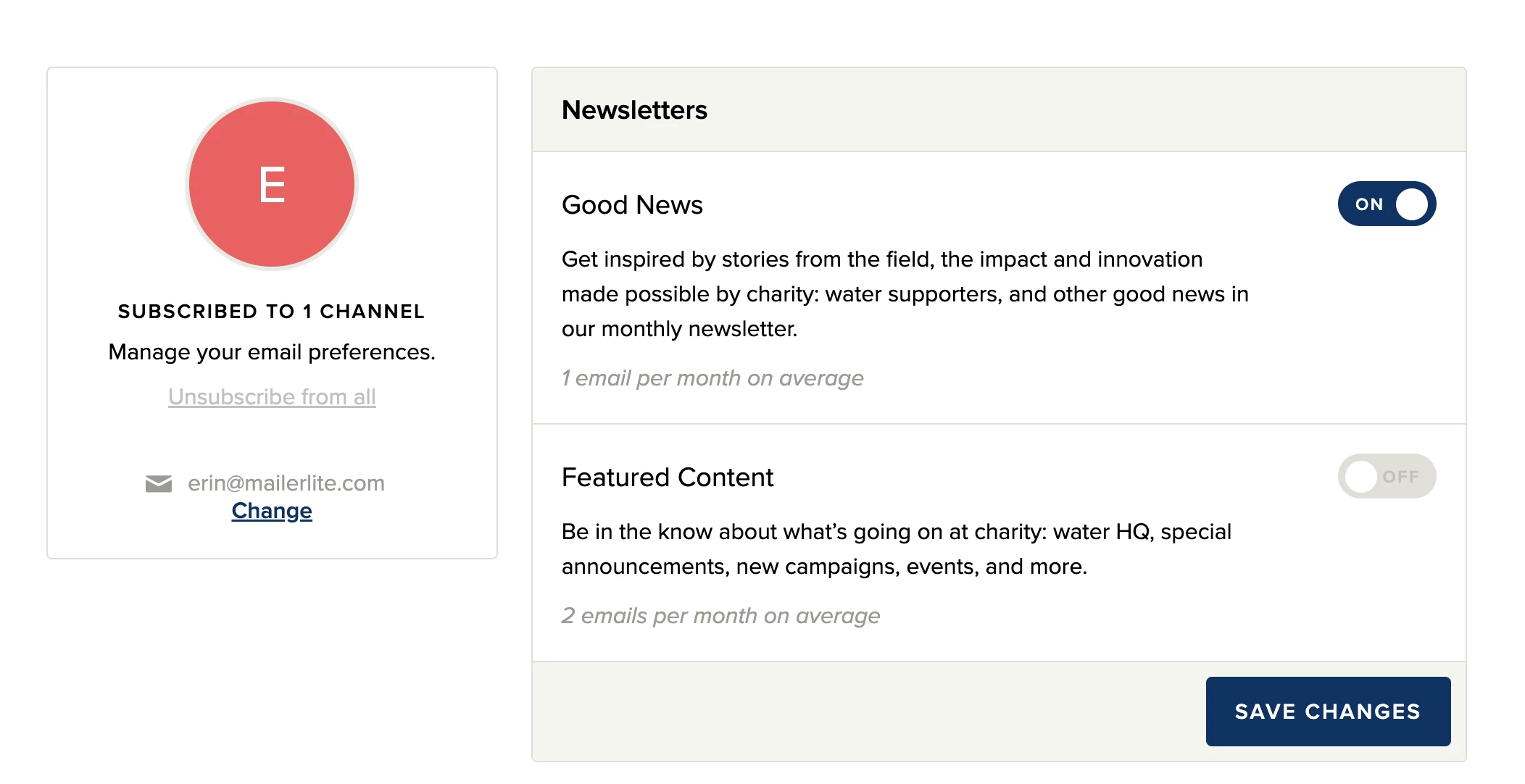 Unsubscribe page with buttons to toggle on and off subscriptions to different newsletter channels from Charity: Water