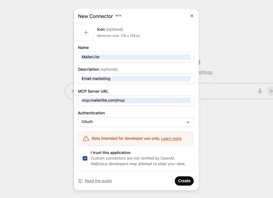 A screenshot showing MailerLite's MCP server settings
