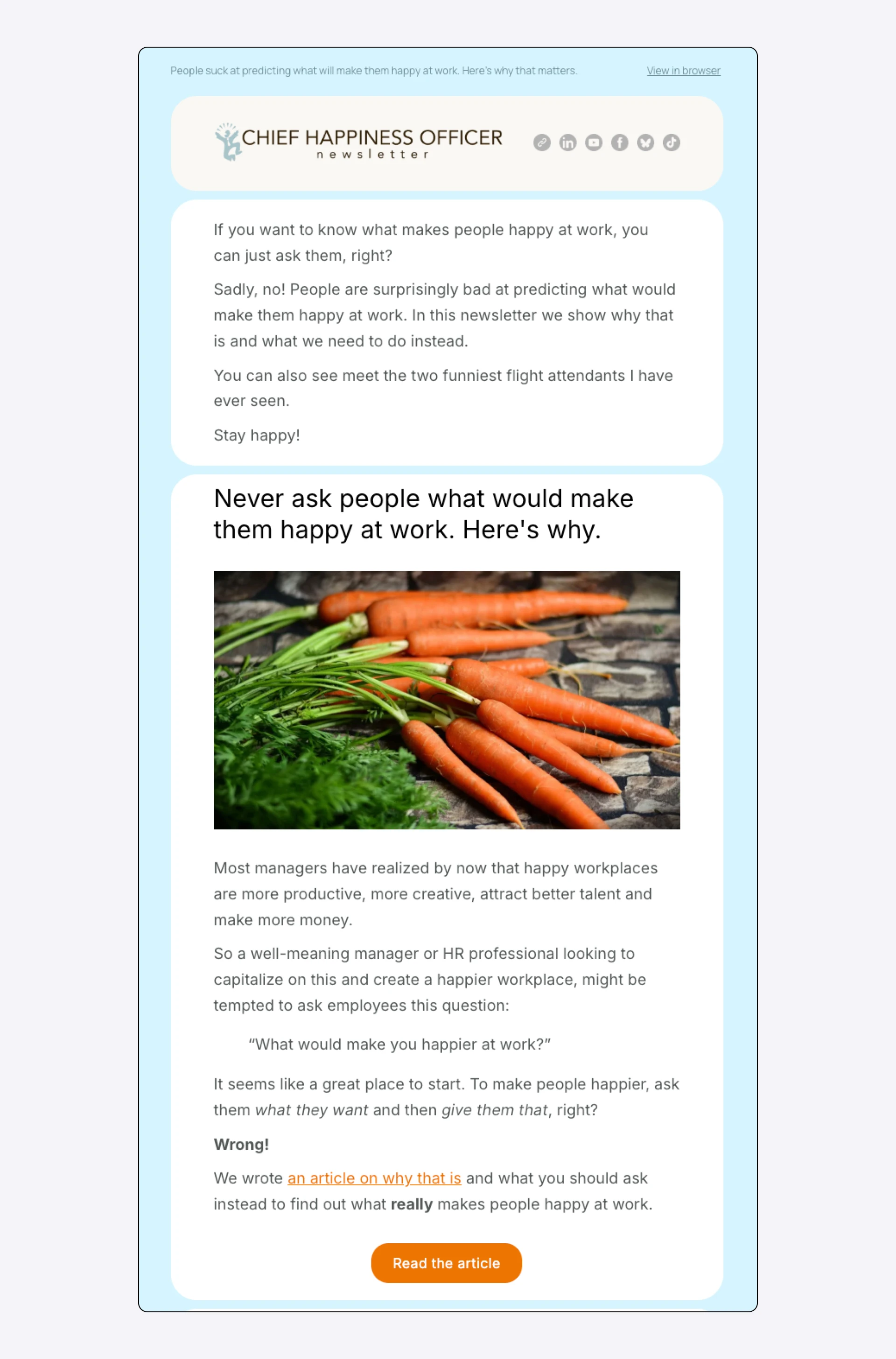 Screenshot of the Chief Happiness Officer newsletter