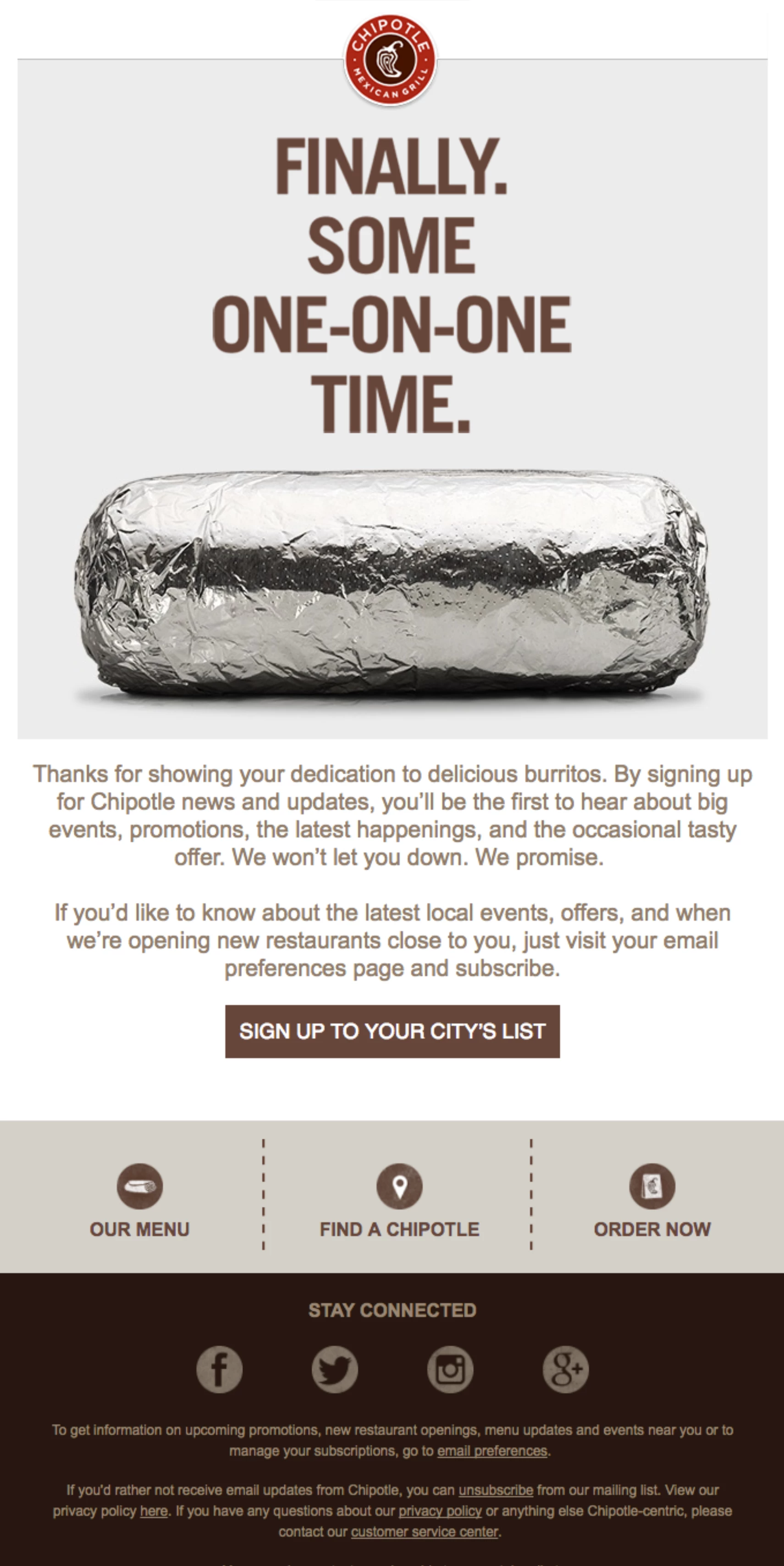 Welcome email from asking to update subscribers' location - email preference example from Chipotle 