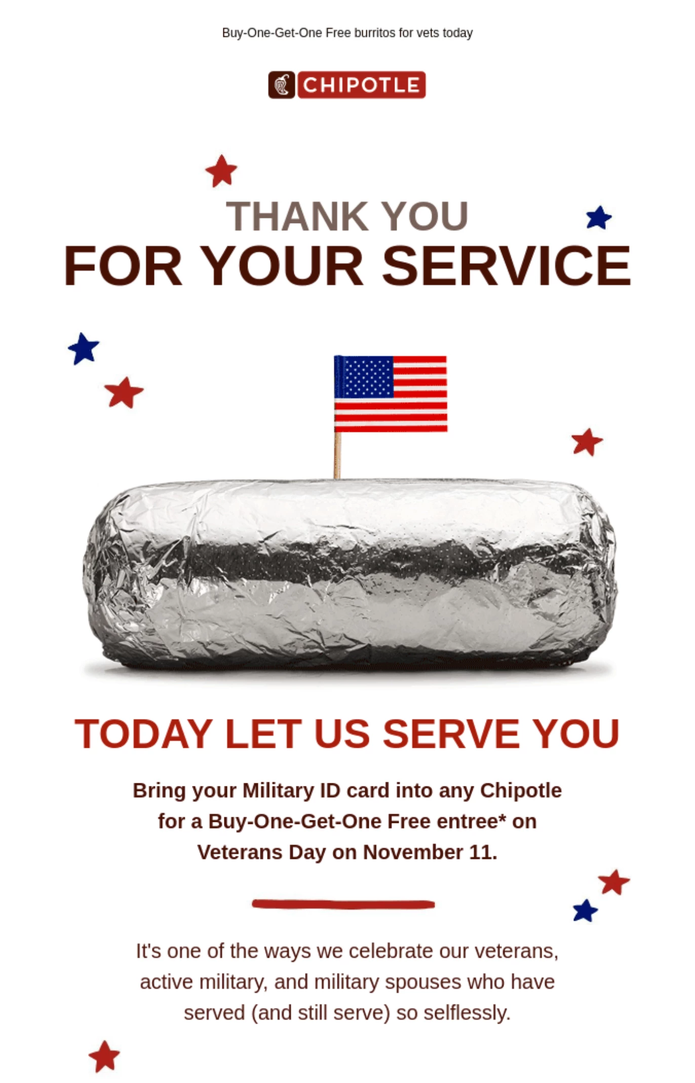 Veterans Day Newsletter example from Chipotle 