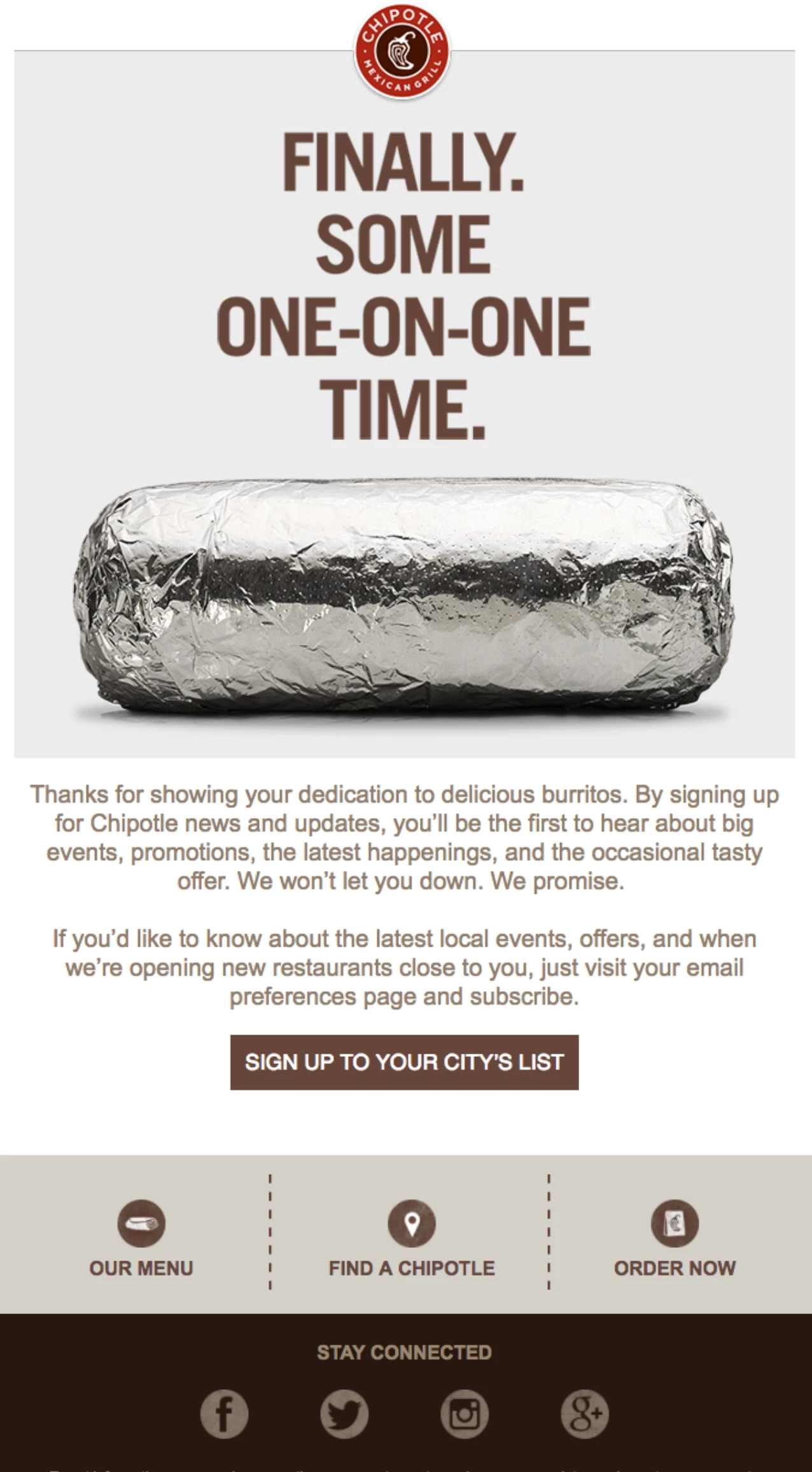 Chipotle welcome email containing an image of a burrito wrapped in foil, with a CTA button that reads 