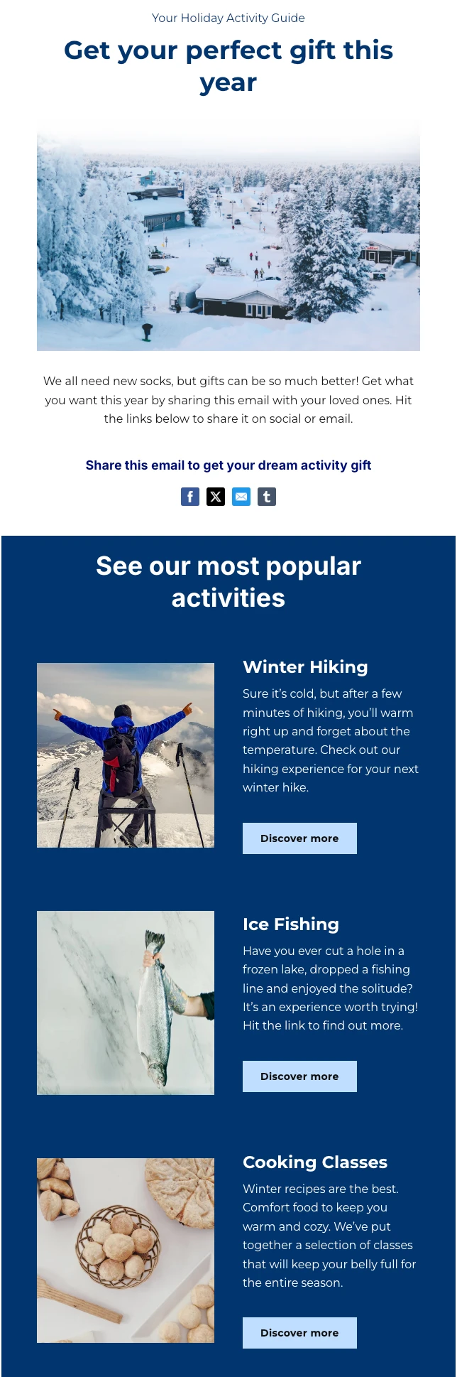 Screenshot of a Christmas email with sharing buttons