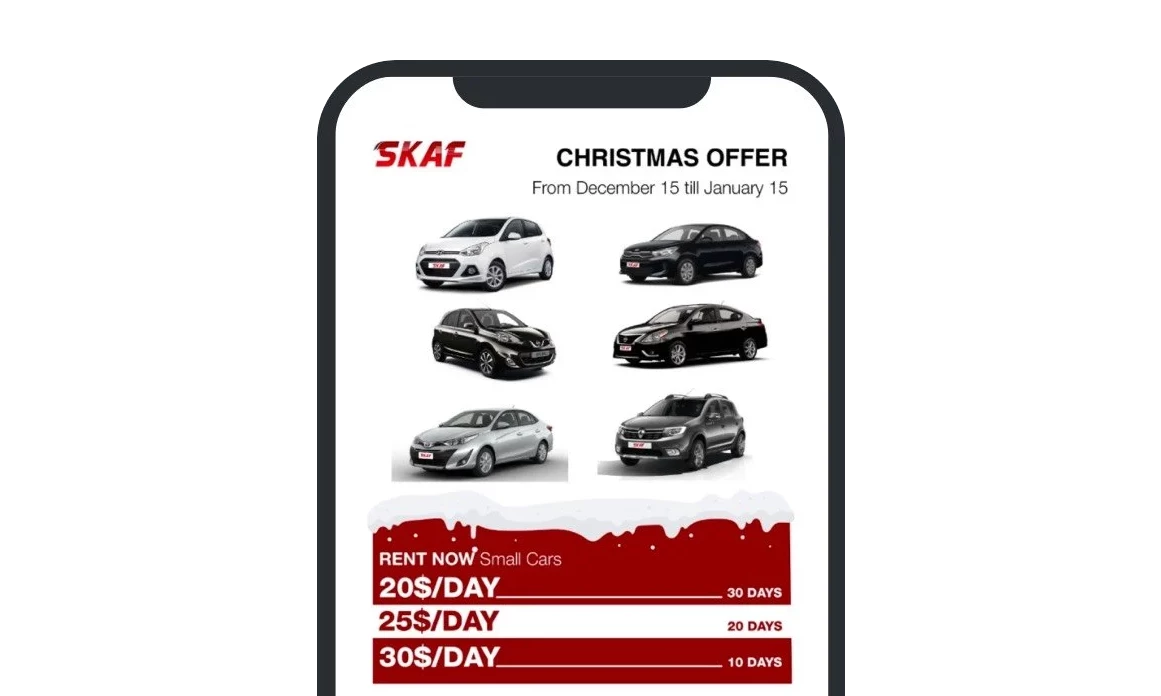 SKAF Christmas newsletter example cars offers white background