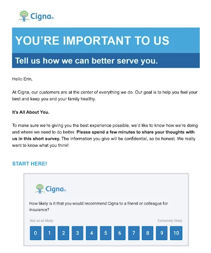 Email survey example from Cigna promises better service after collecting customer feedback