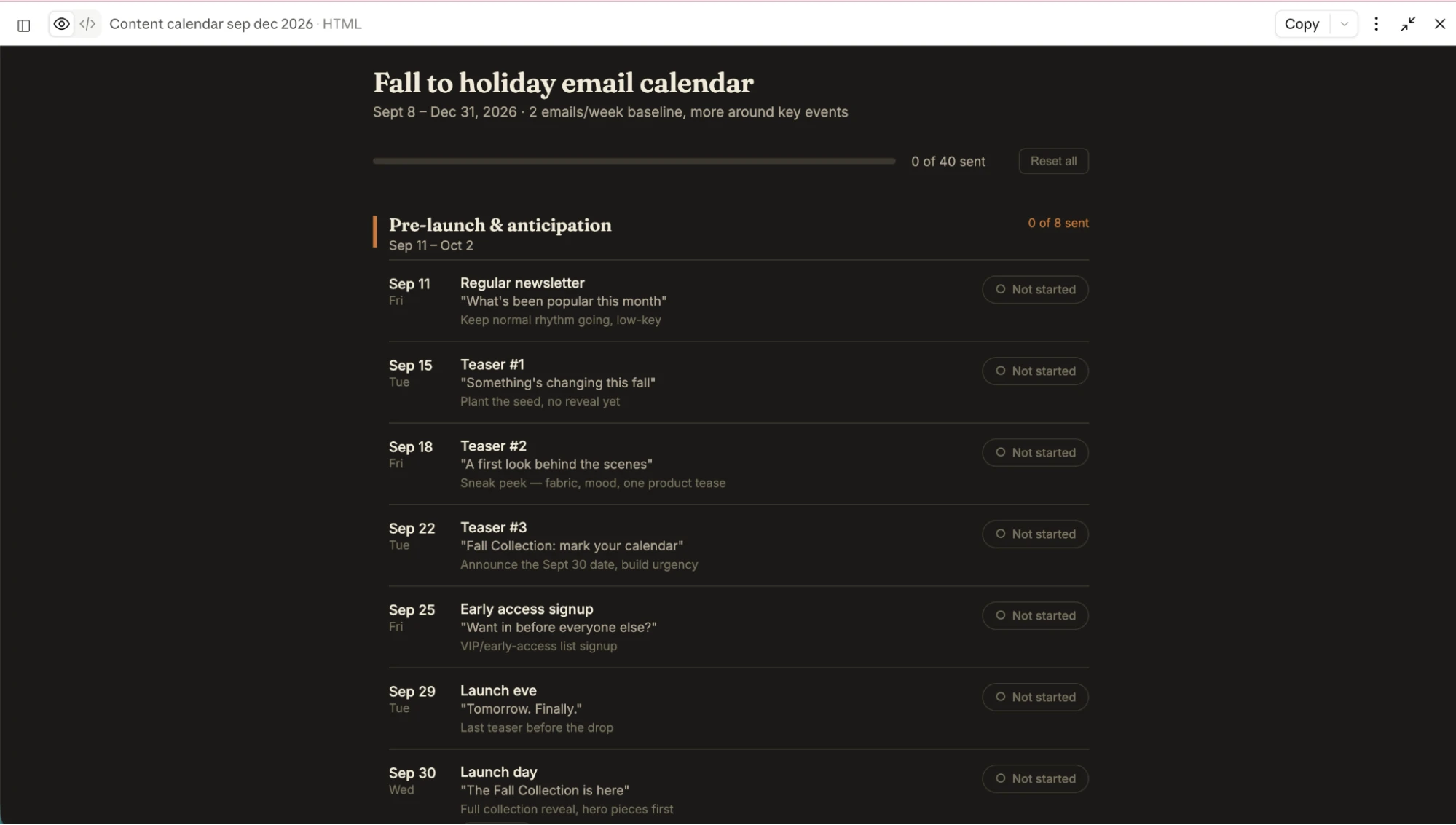 Screenshot showing a content calendar created in Claude