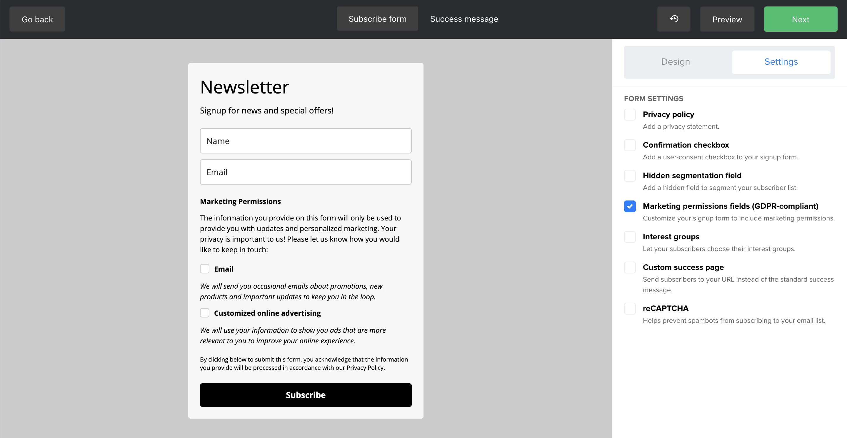 Signup form containing MailerLite GDPR settings