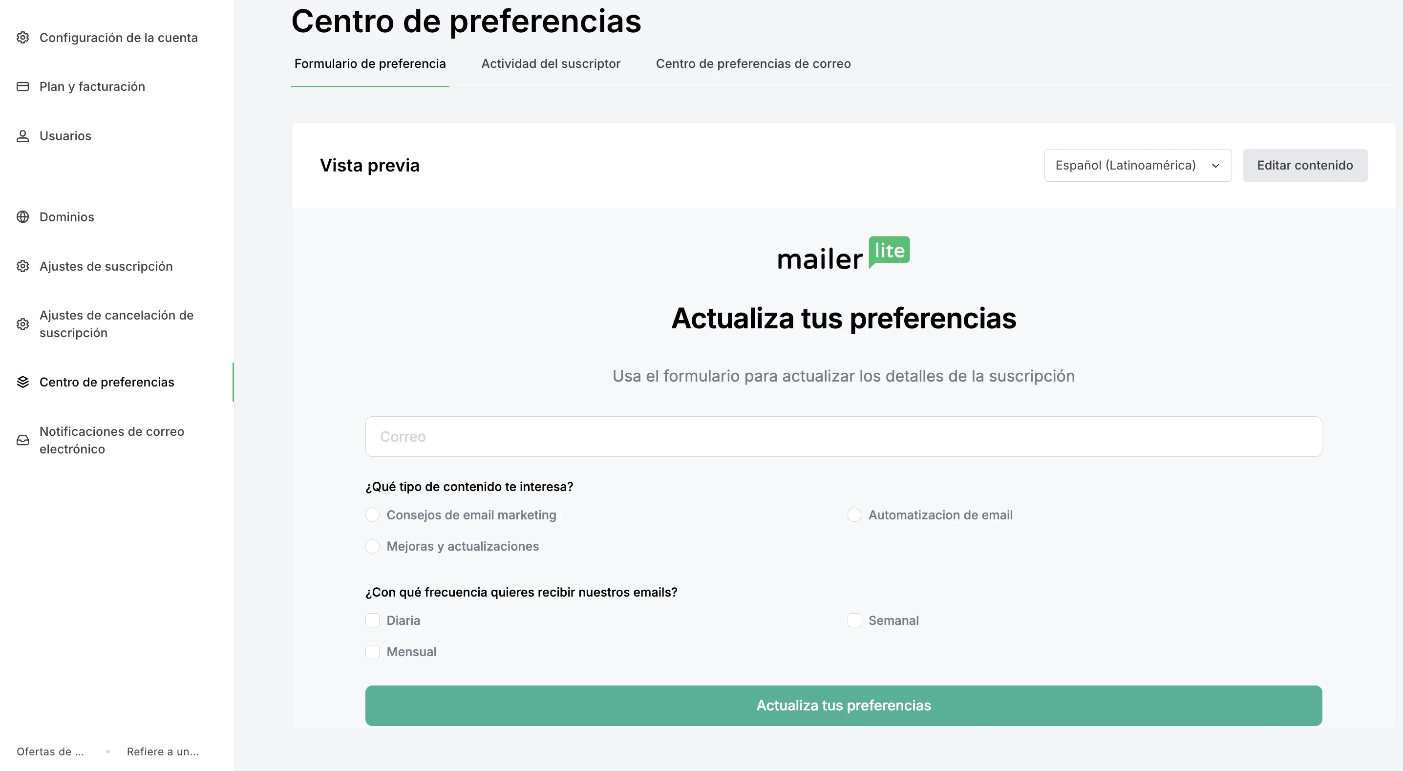 Ejemplo de un centro de preferencia
