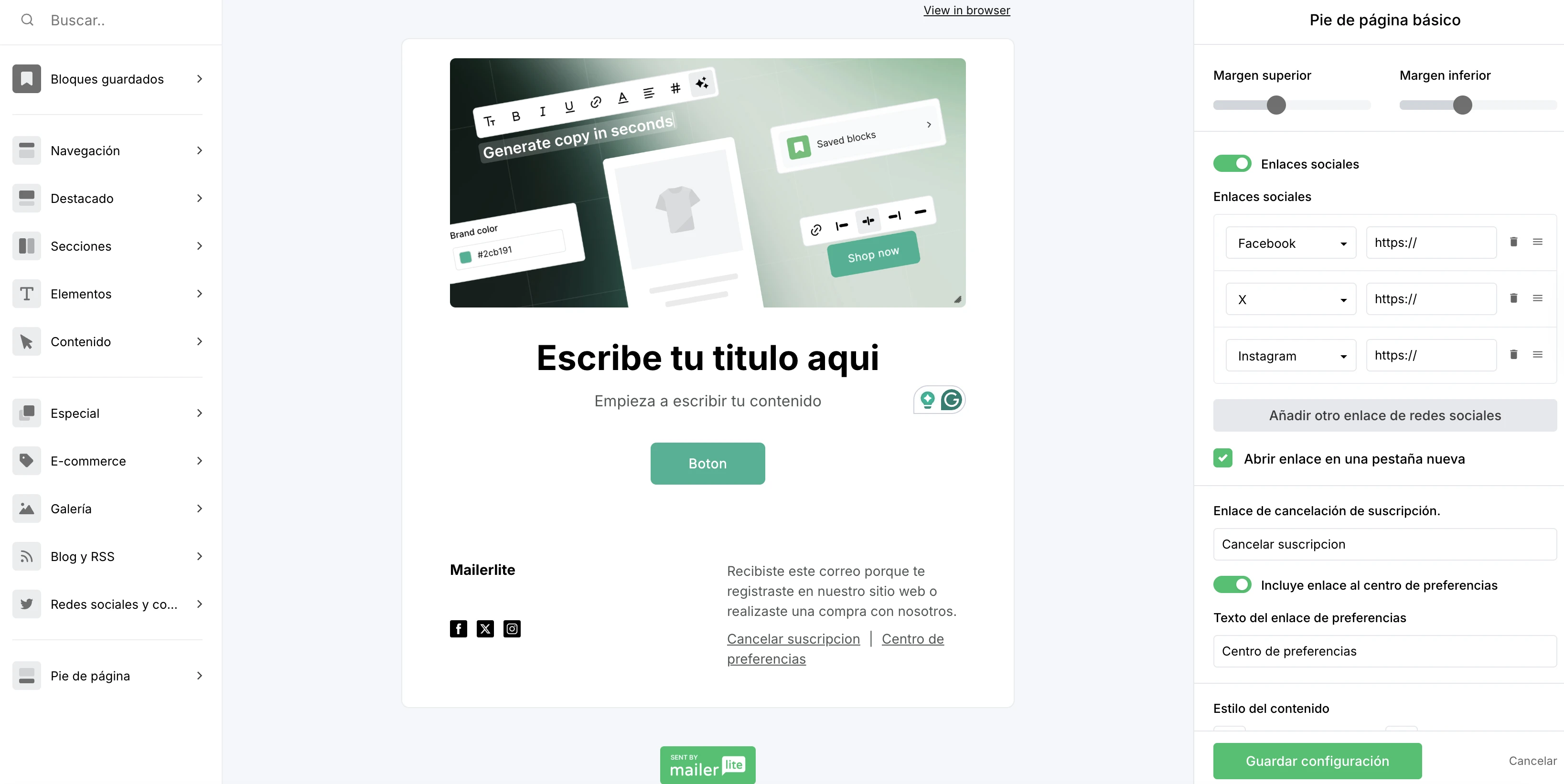 Captura de pantalla mostrando el enlace al centro de preferencias en un email.