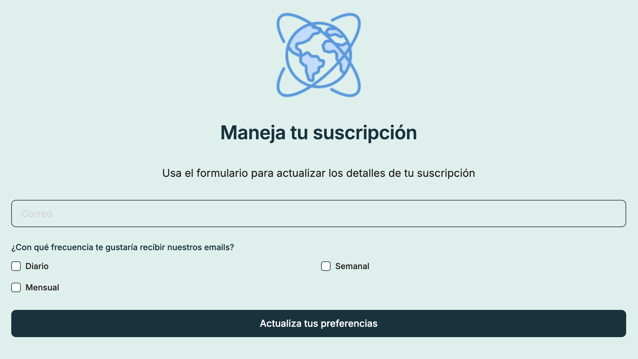 Ejemplo de página de preferencias de frecuencia de correo electrónico
