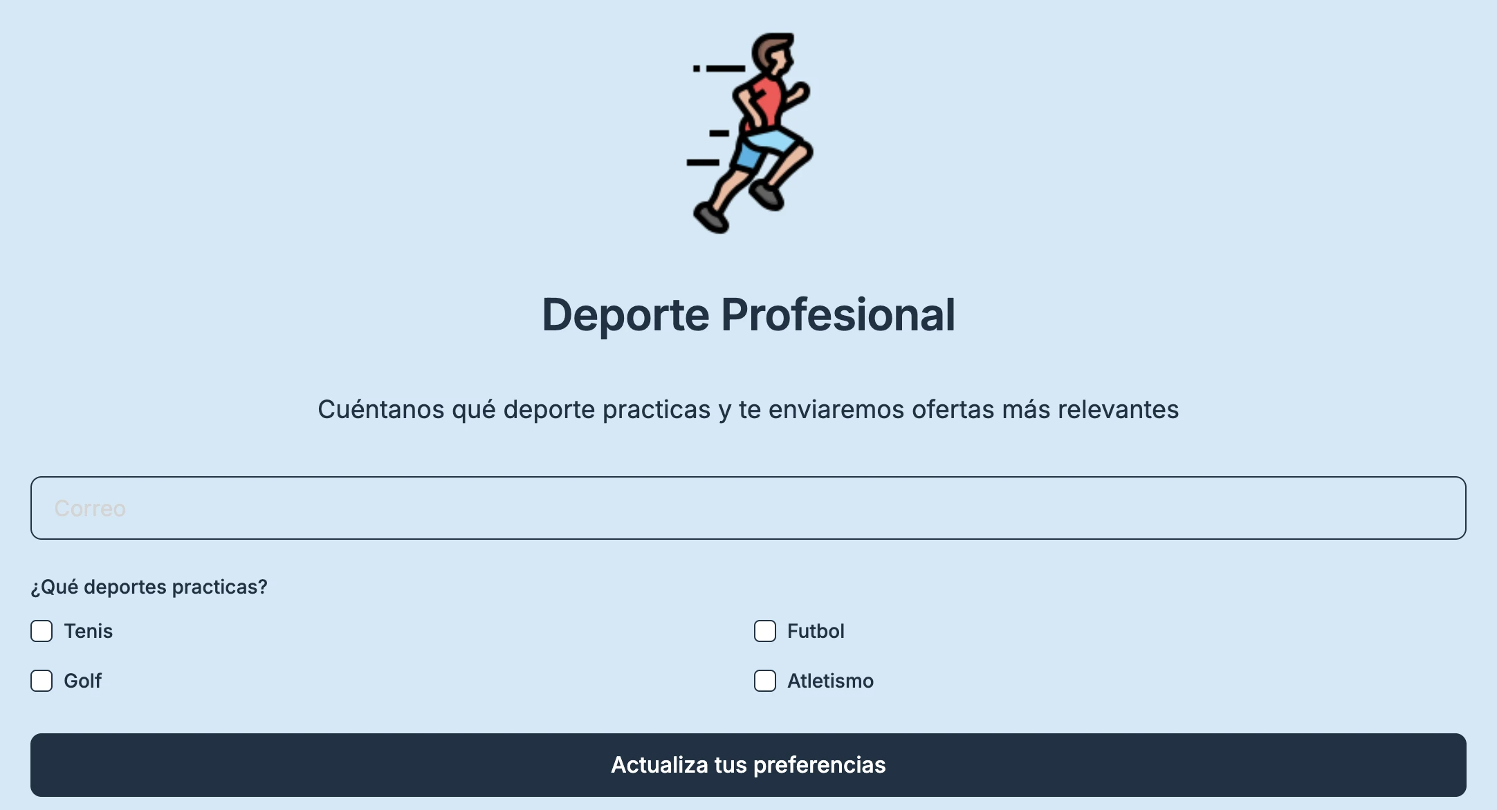 Ejemplo de preferencias de contenido de correo electrónico