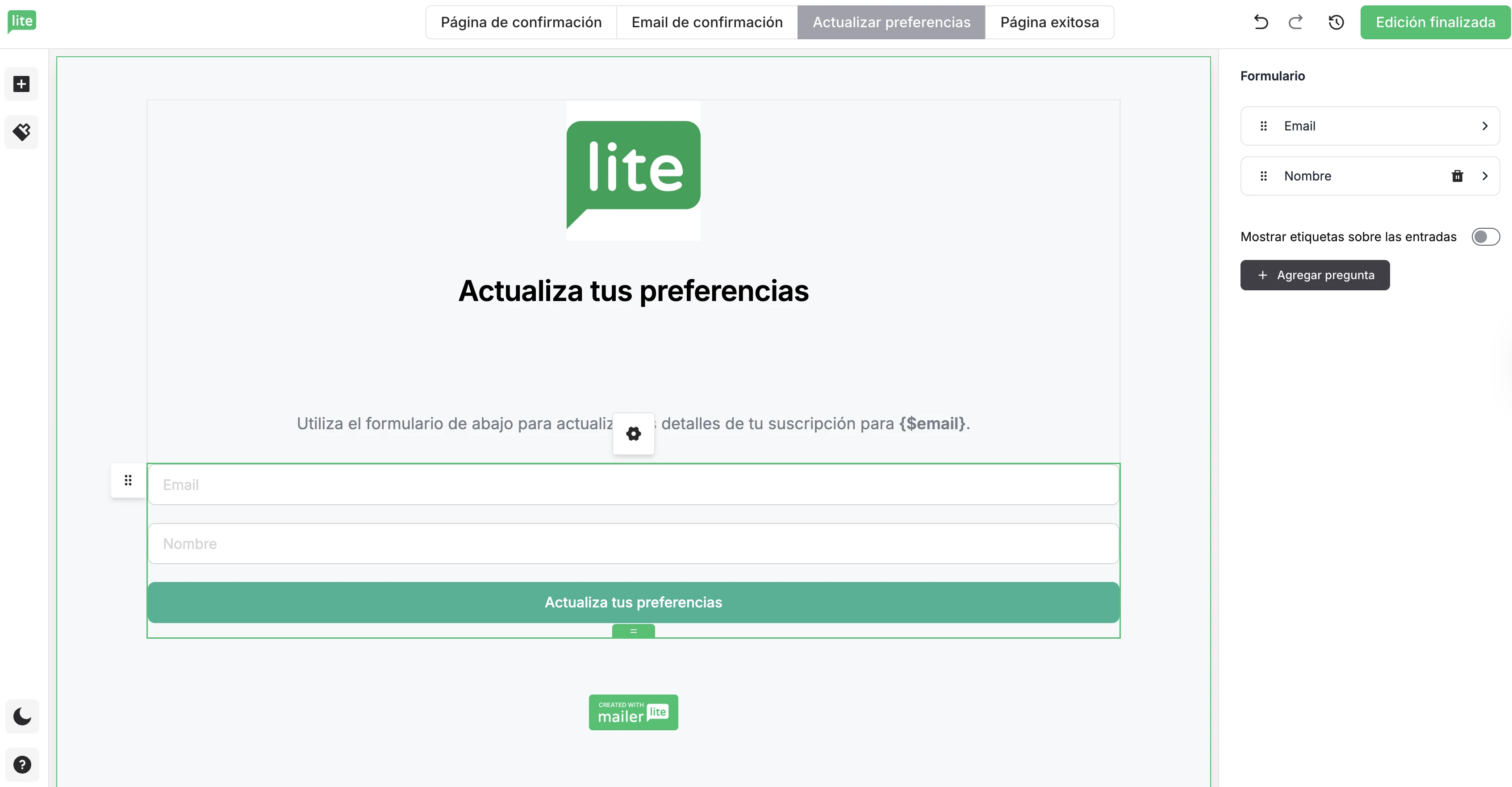 Editor del centro de preferencias de MailerLite