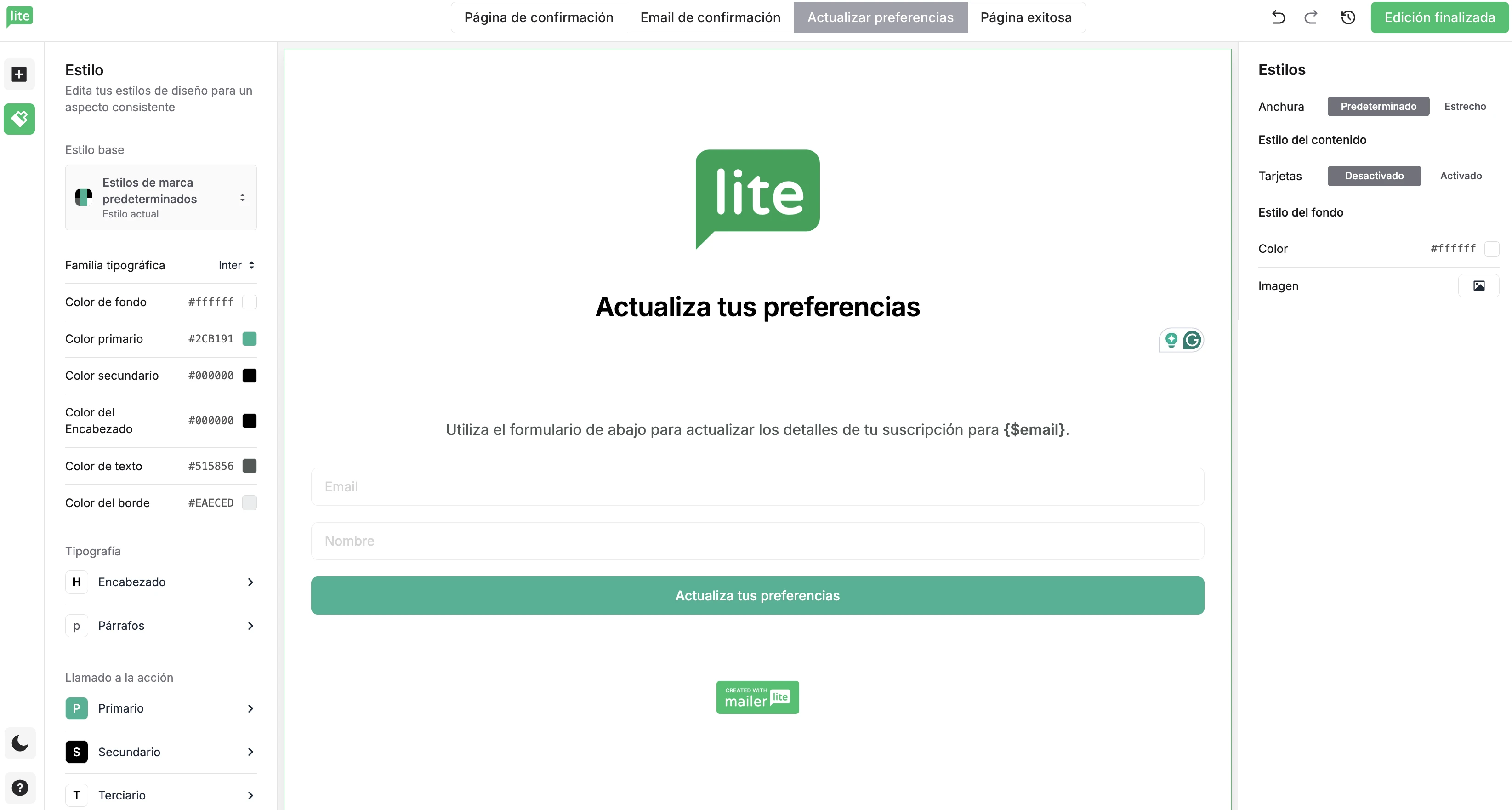 Captura de pantalla mostrando las pestañas para editar los diferentes recursos del centro de preferencias.