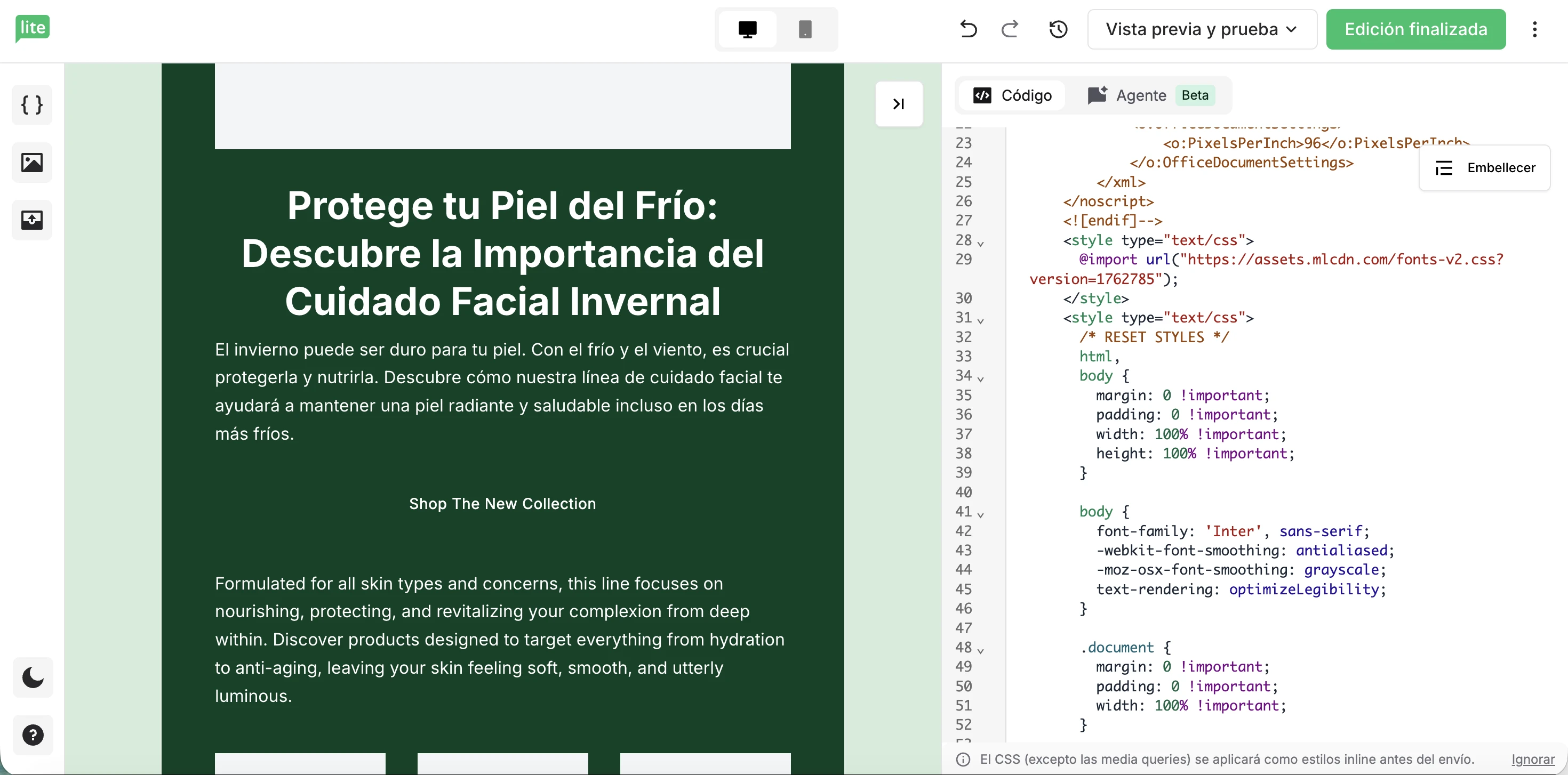 El panel de control del editor de HTML personalizado con el agente de IA en acción.