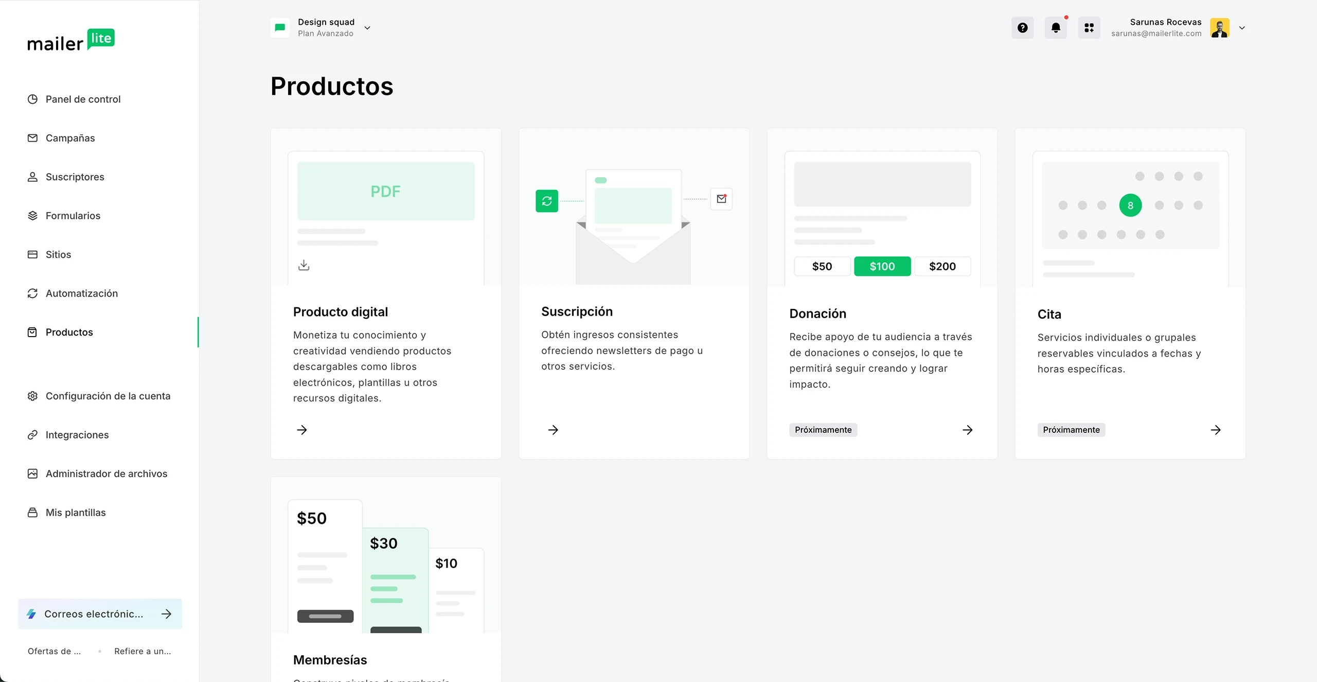 captura de pantalla de página de producto de app de mailerlite