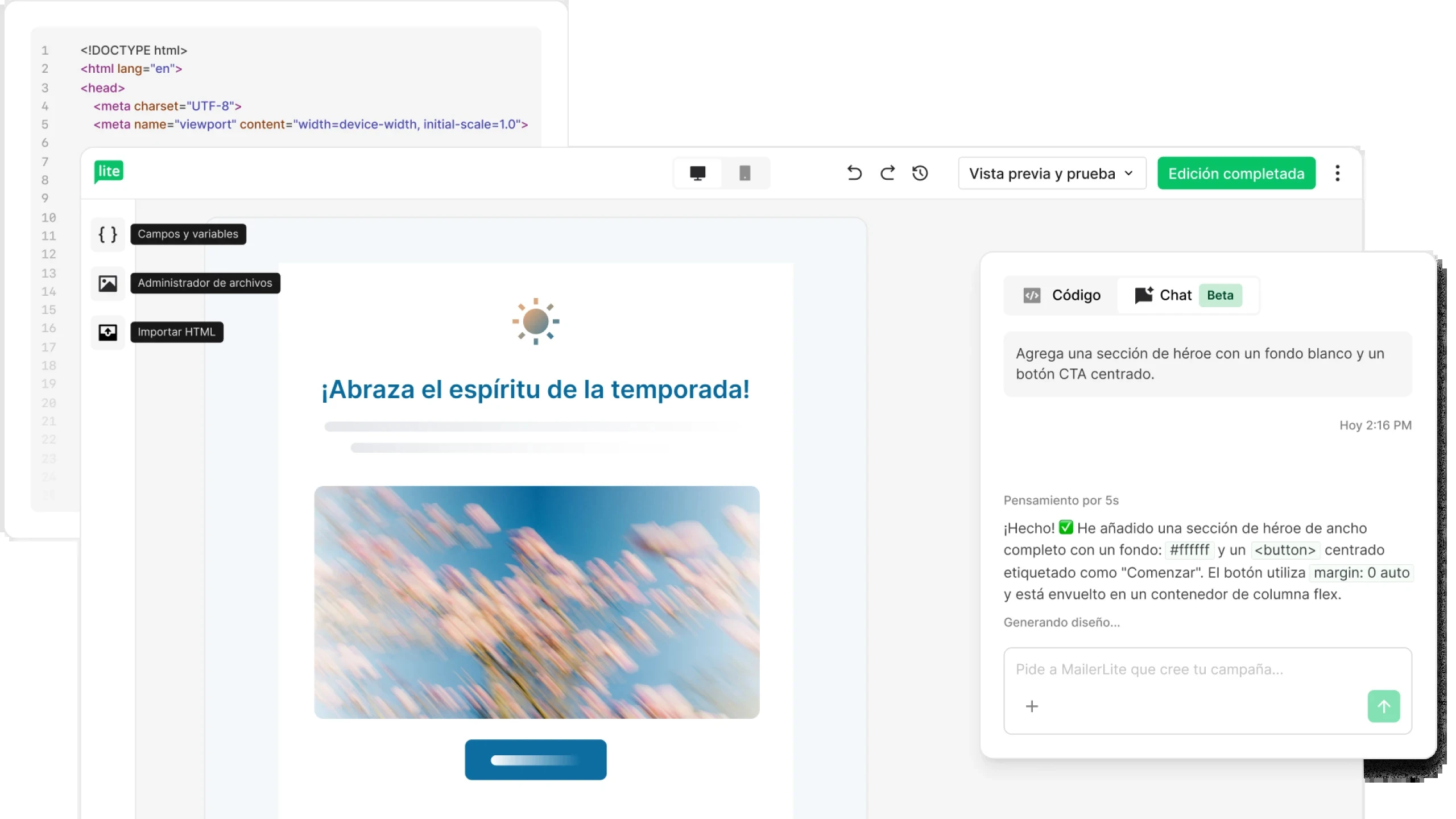 vista del editor de newsletter de MailerLite con IA integrada