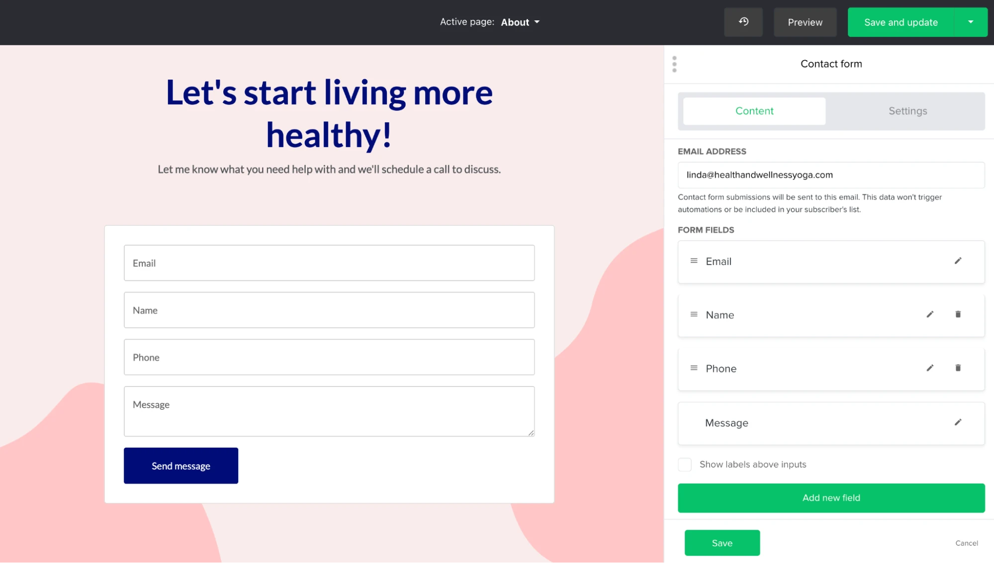MailerLite contact form in the website builder