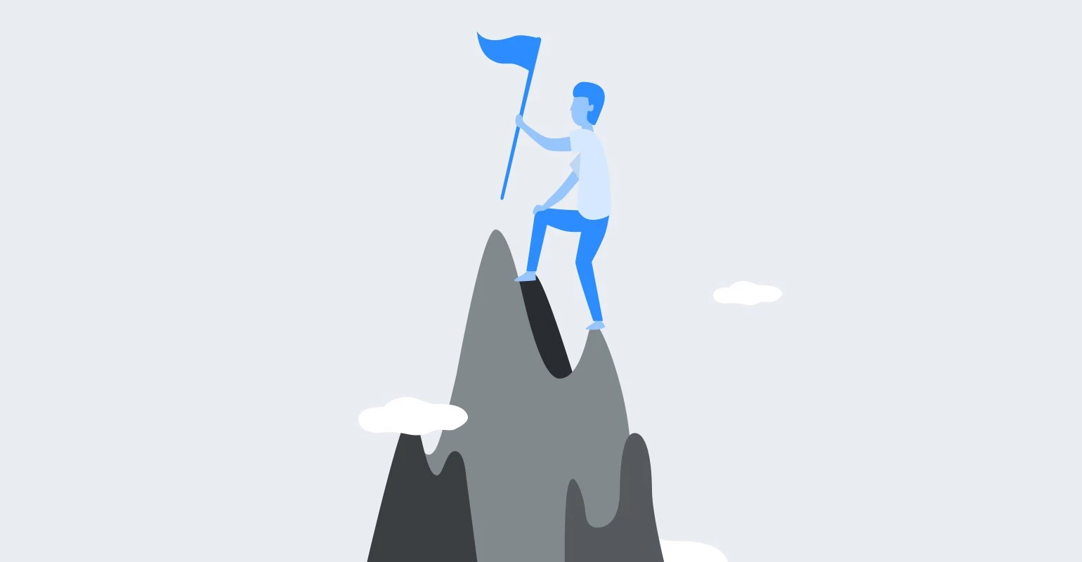 Optimizing content goals blue man climbing up a grey mountain graphic - MailerLite