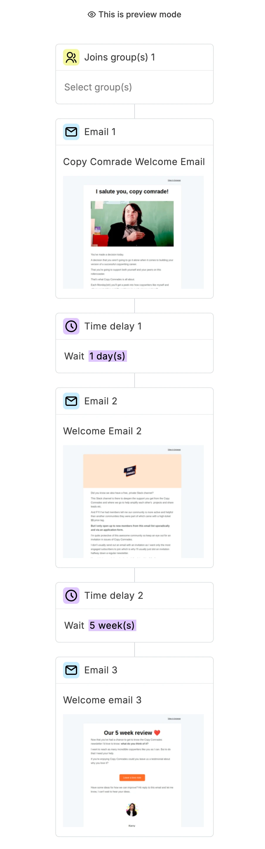 Screenshot of a welcome sequence built with MailerLite
