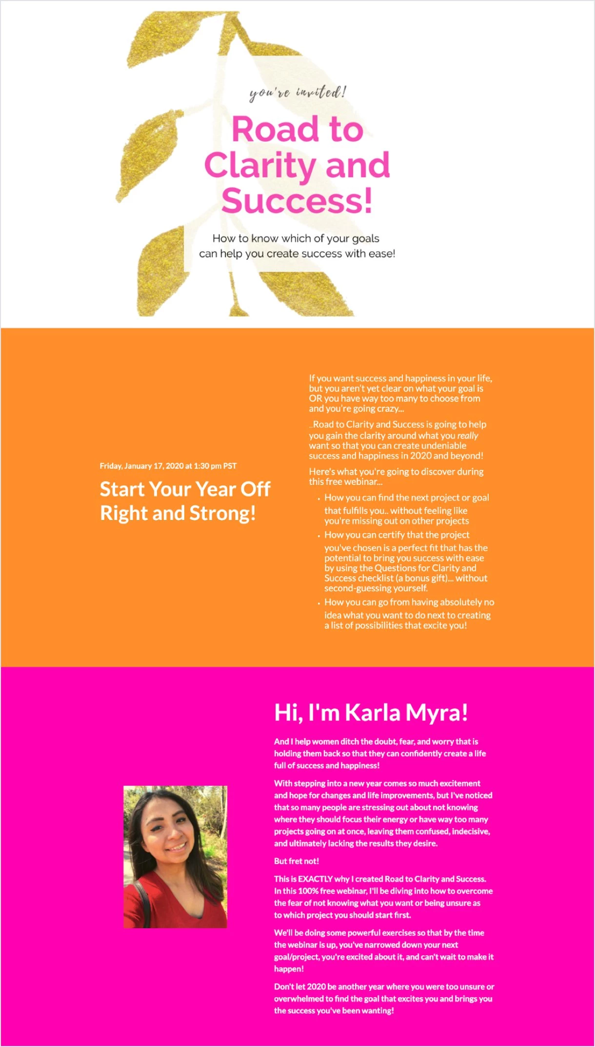 Karla Myra's landing page tricolor example white pink orange