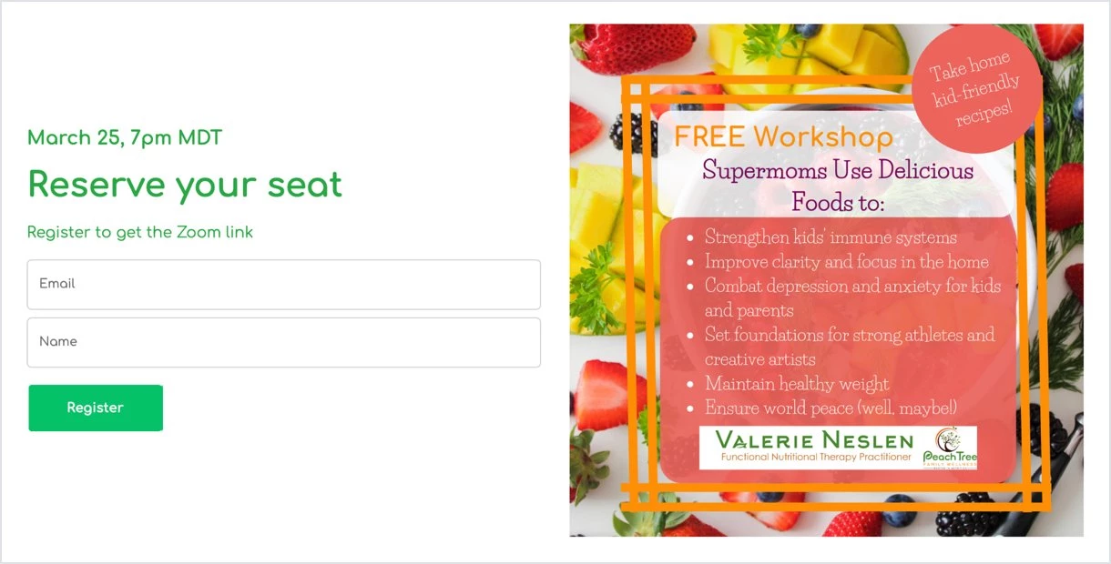 Landing page for Valerie Neslen white and green sign up form reserve your seat