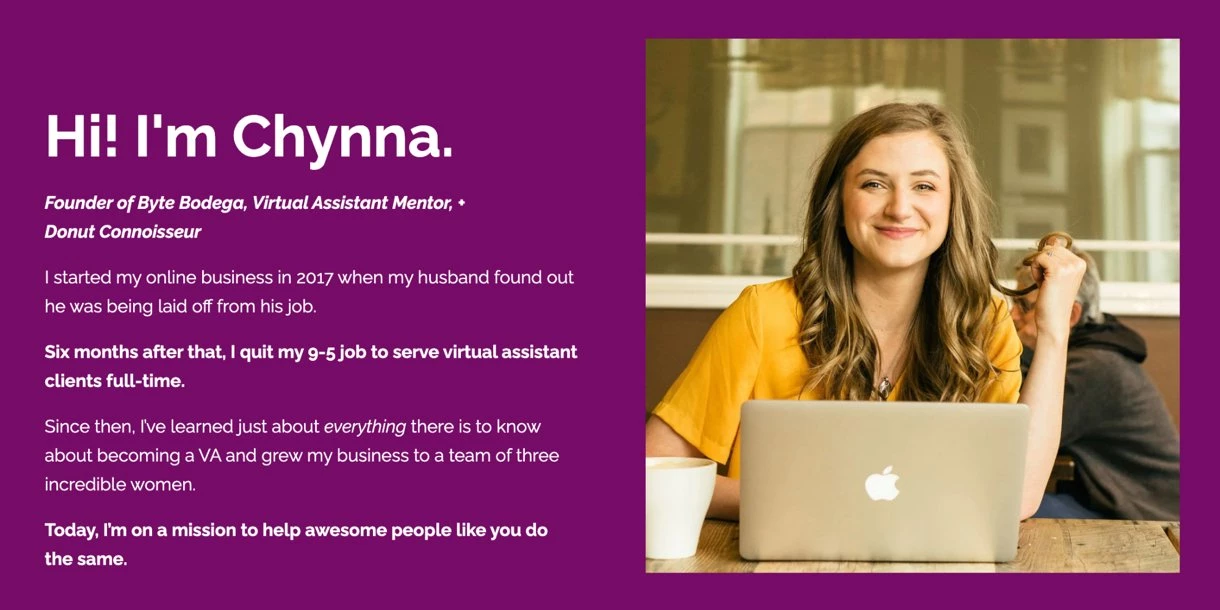 Chynna Benton's high converting landing page example purple background girl on laptop