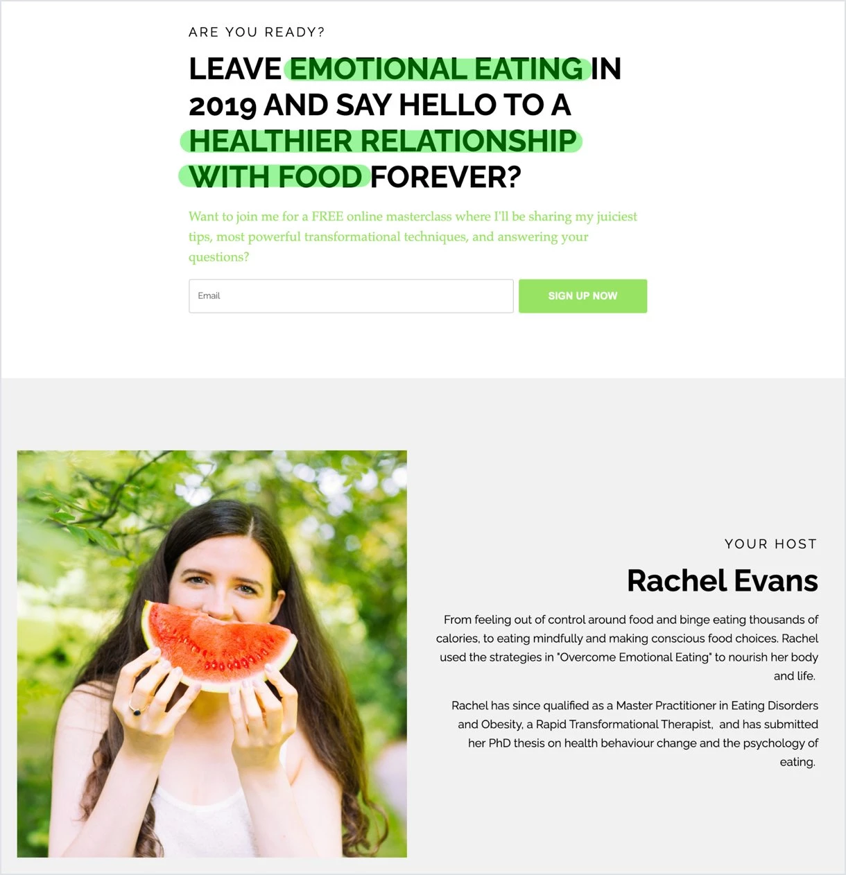 Landing page for Rachel Evans emotional eating green colors - mailerlite