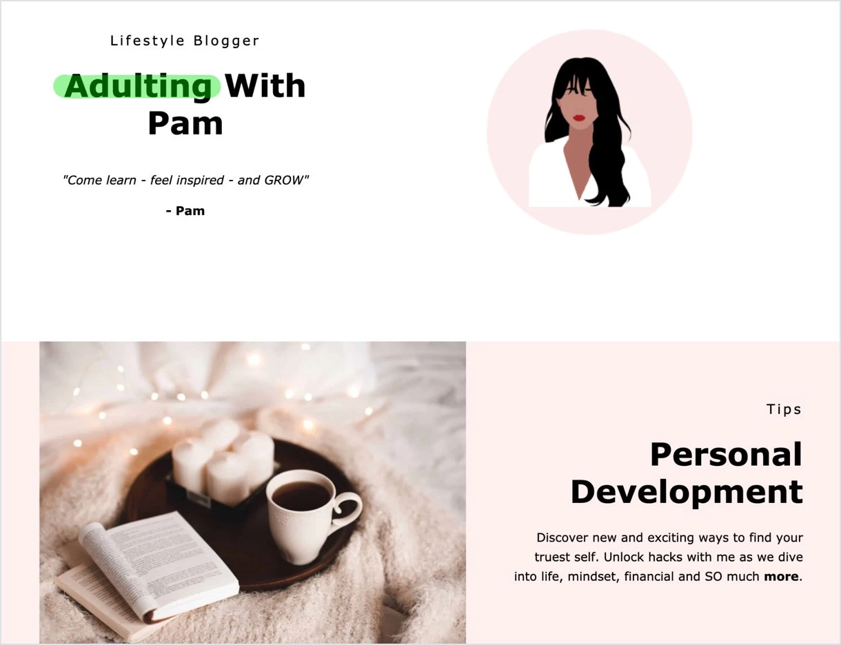 Adulting With Pam's high converting landing page example white and light rose