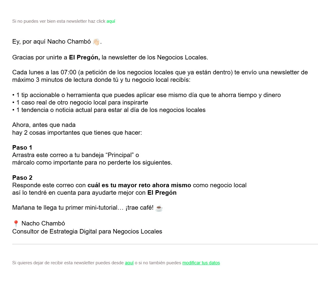 ejemplo de email de bienvenida que establece expectativa