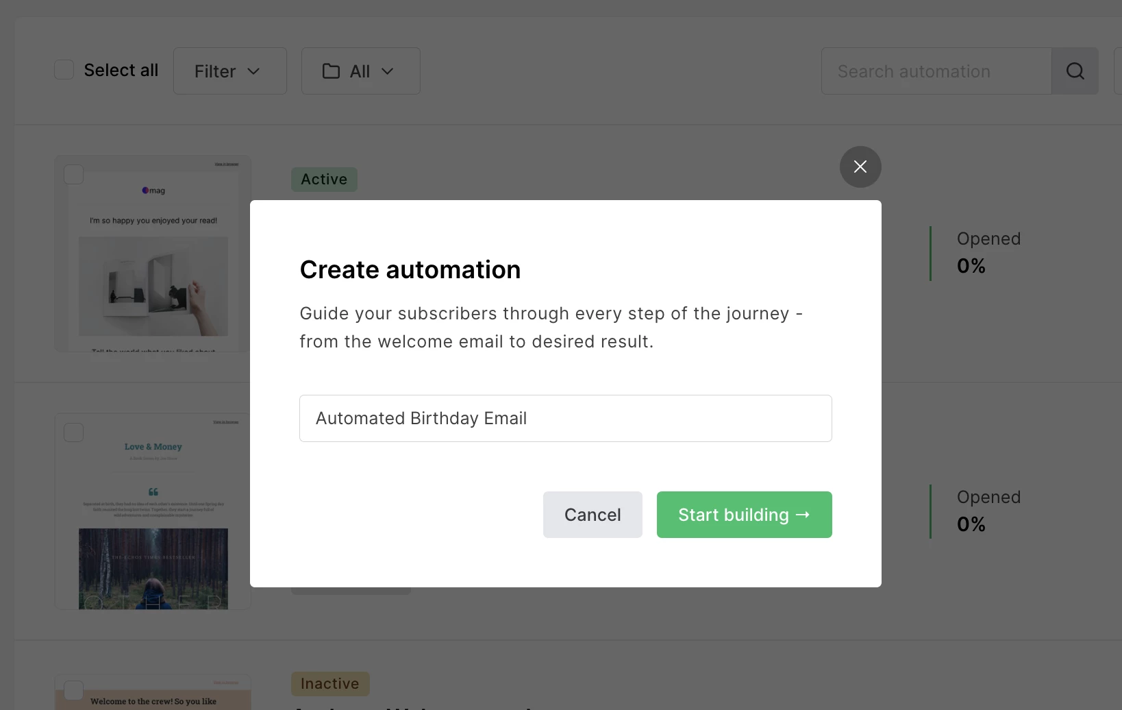 Automation page in the MailerLite dashboard