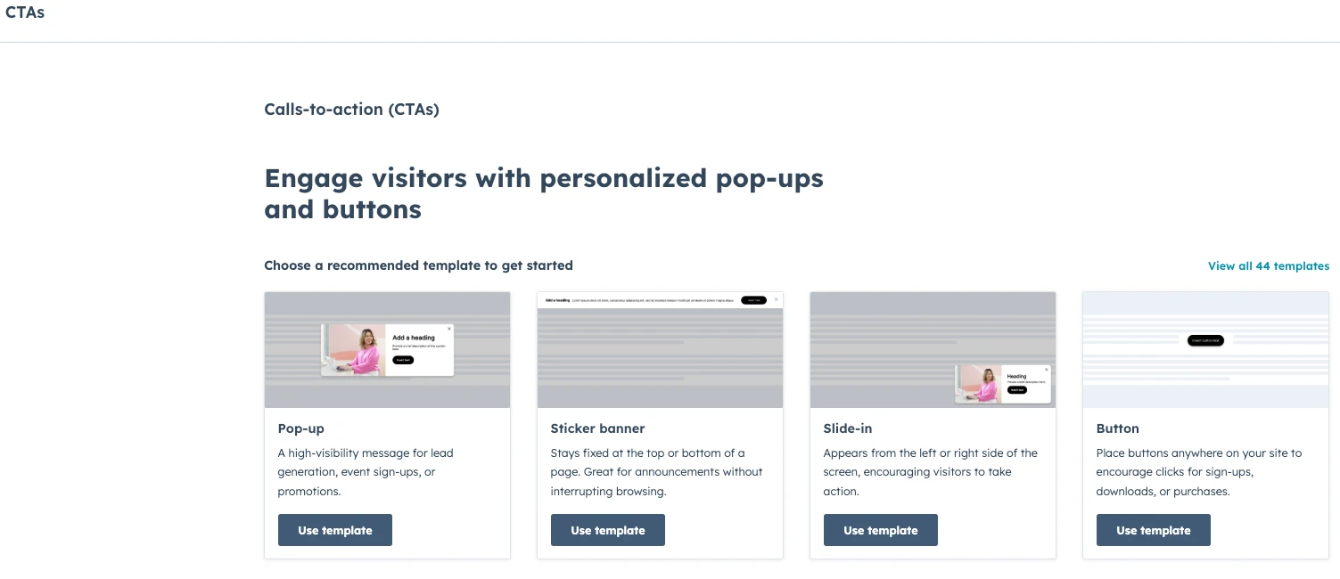 Pop-ups and buttons options on HubSpot