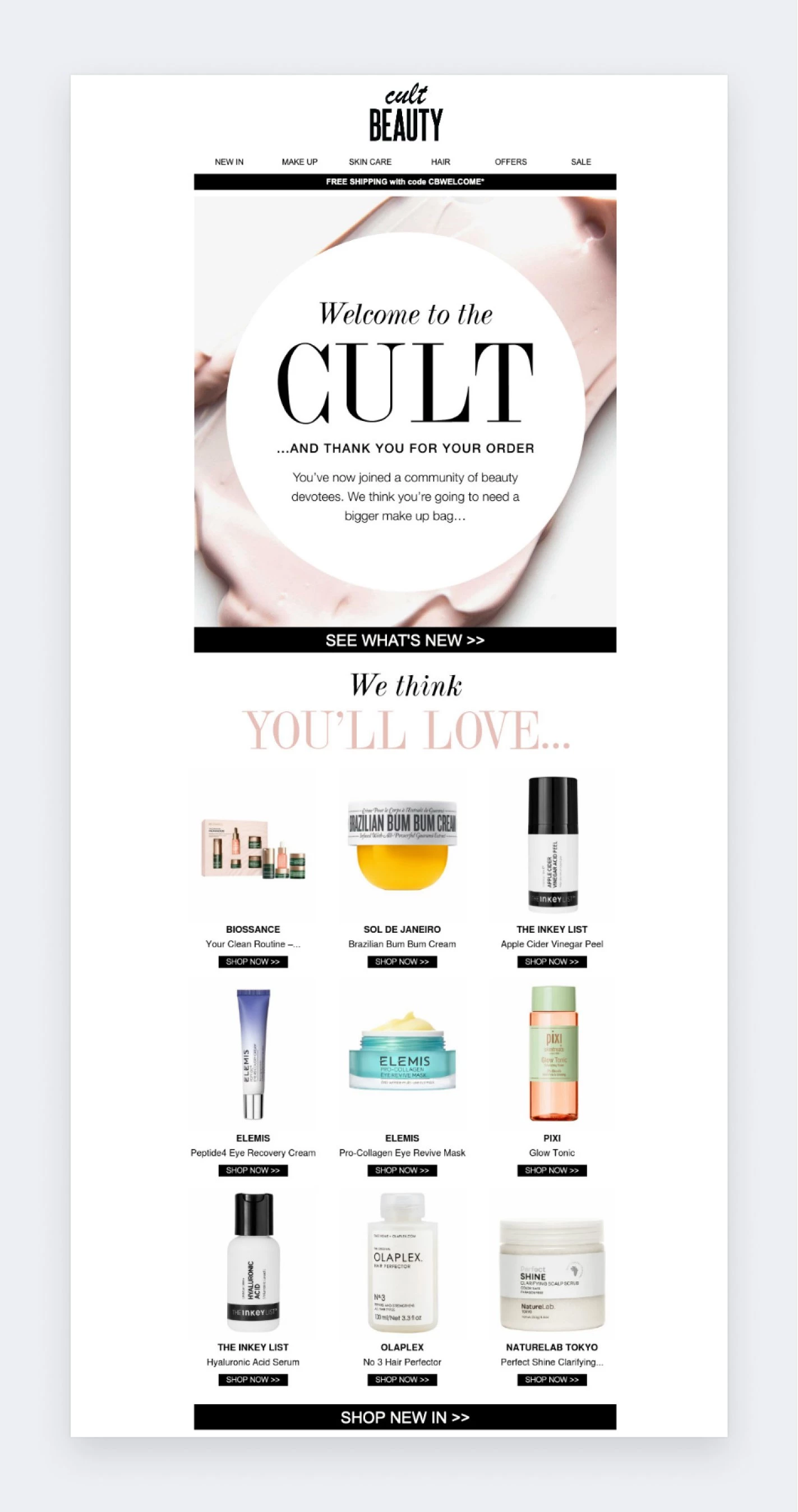 Welcome email example - Cult beauty product recommendation creams