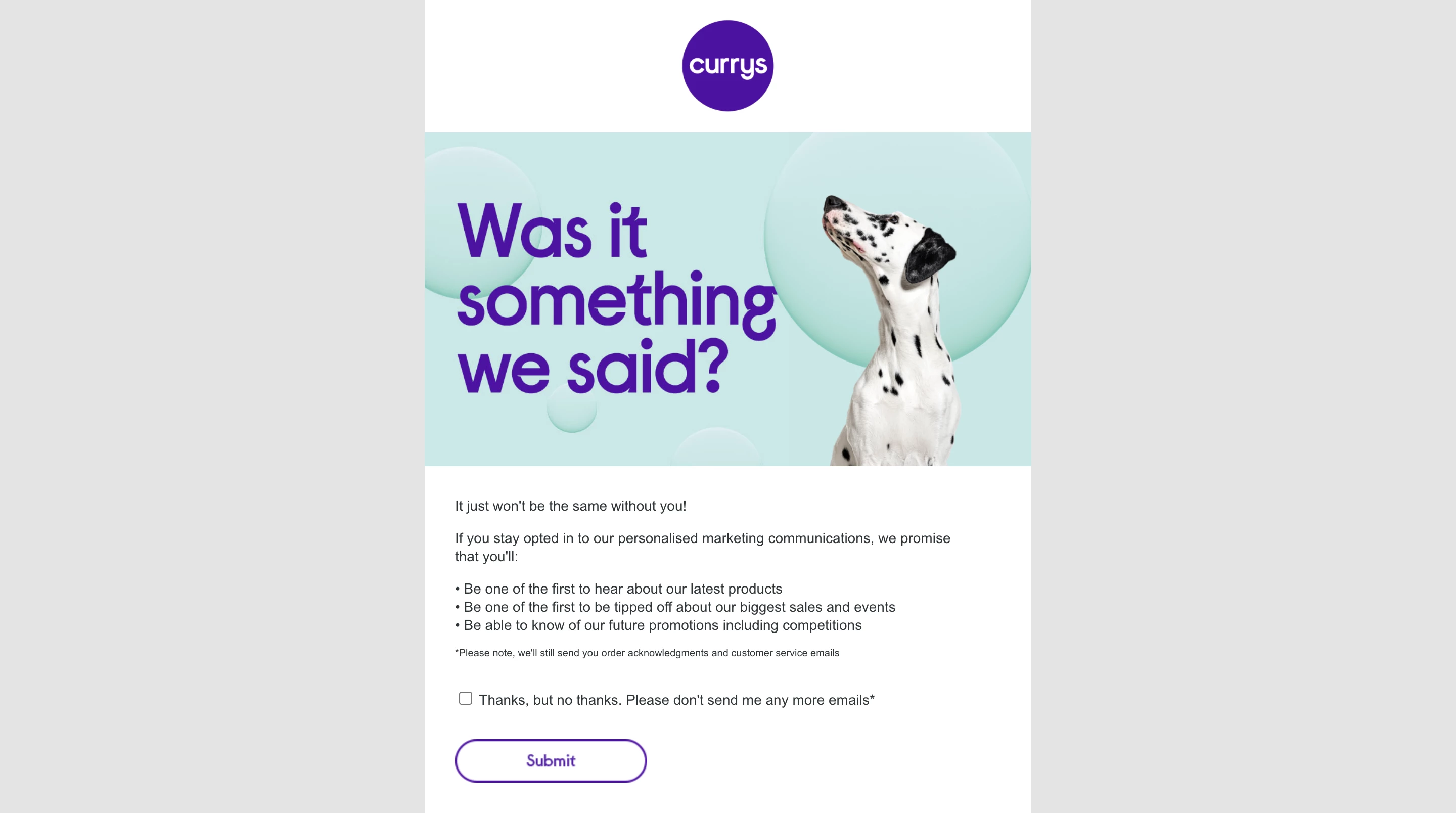 currys unsubscribe text example with picture of a dog