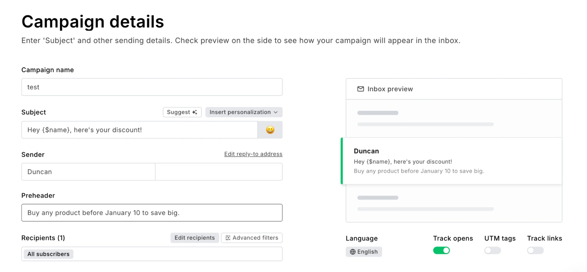 Screenshot of the MailerLite campaign details section showing a custom field in subject line