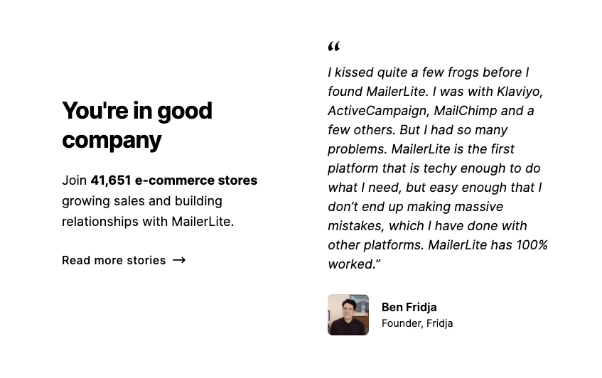 A screenshot of a testimonial with customer data on the MailerLite website
